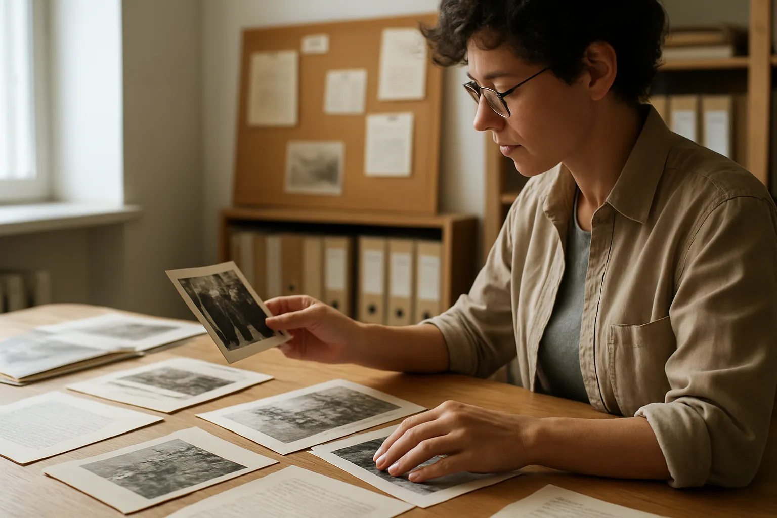 Una persona revisa una colección curada de fotos históricas y documentos visuales en una mesa de trabajo con una pantalla al fondo.