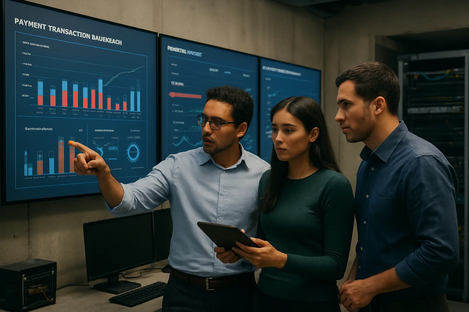 Un equipo de ingeniería revisa paneles de monitoreo en una sala de operaciones mientras una plataforma de pagos procesa transacciones en varios segmentos aislados.