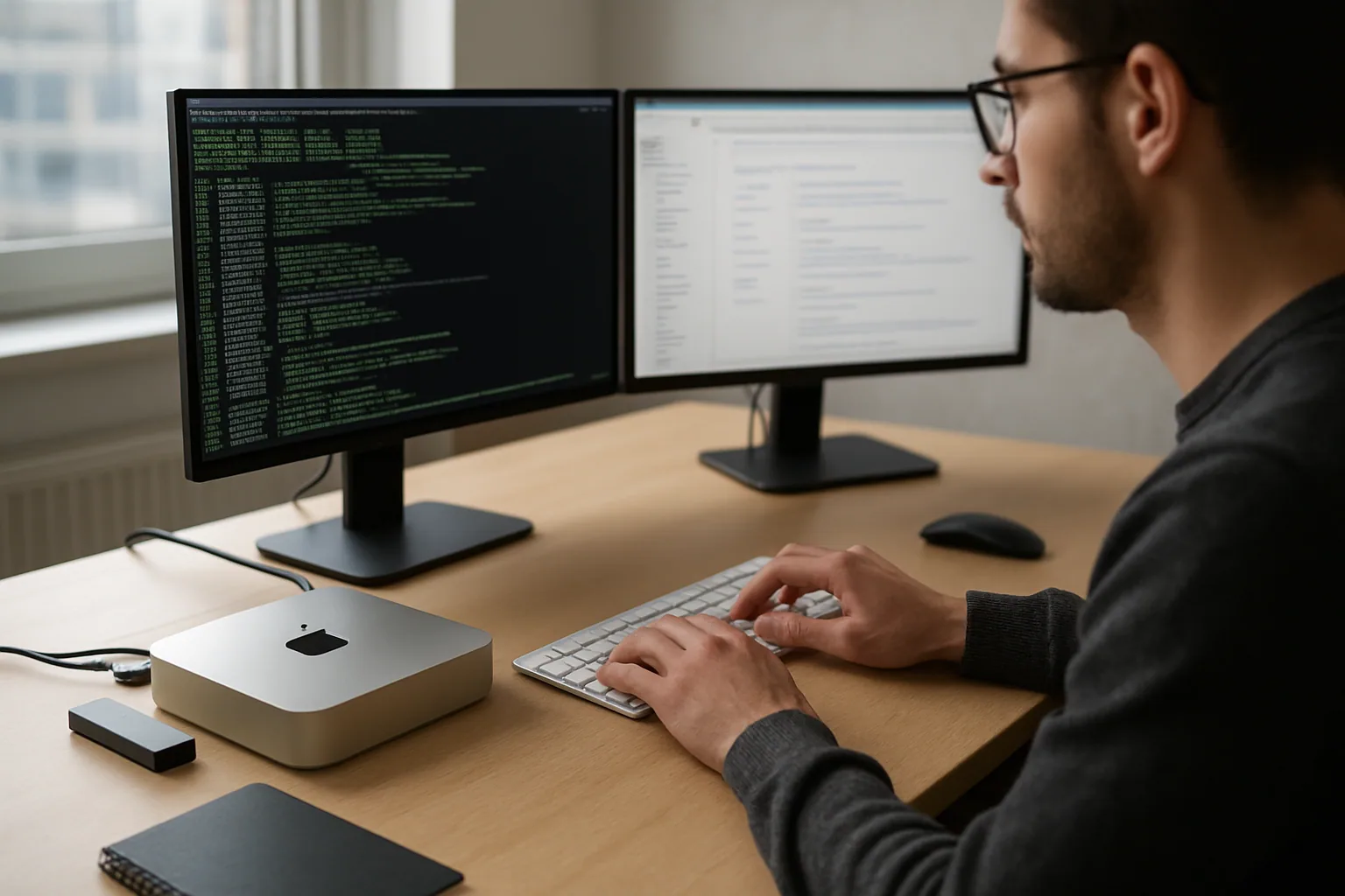 Una persona trabaja en un escritorio con un Mac mini Apple Silicon conectado a dos monitores, mientras revisa terminal y documentación técnica en un entorno de oficina.