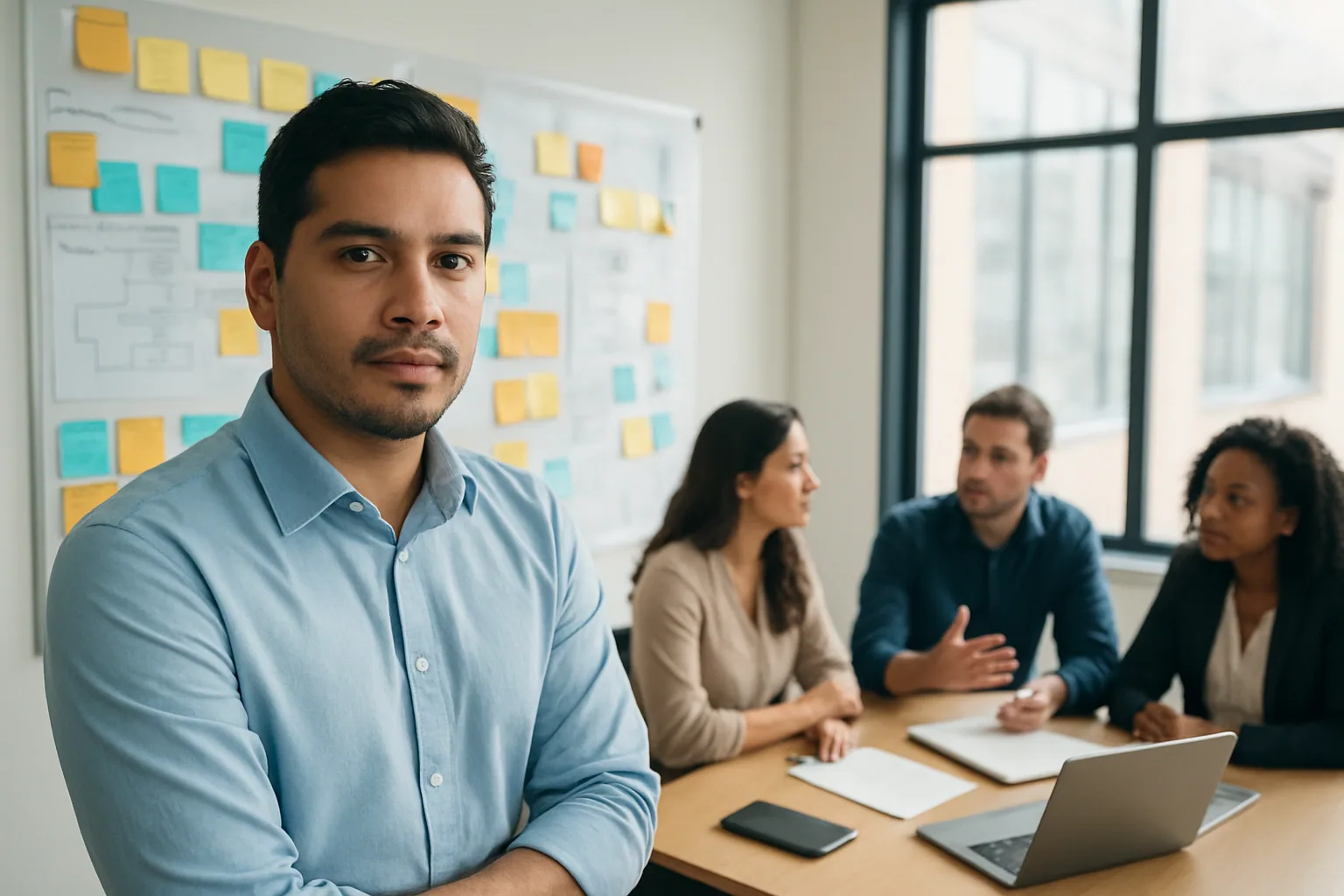Una persona de negocios revisa un panel de gestión de proyectos en una oficina moderna mientras un equipo trabaja alrededor con pizarras y documentos.
