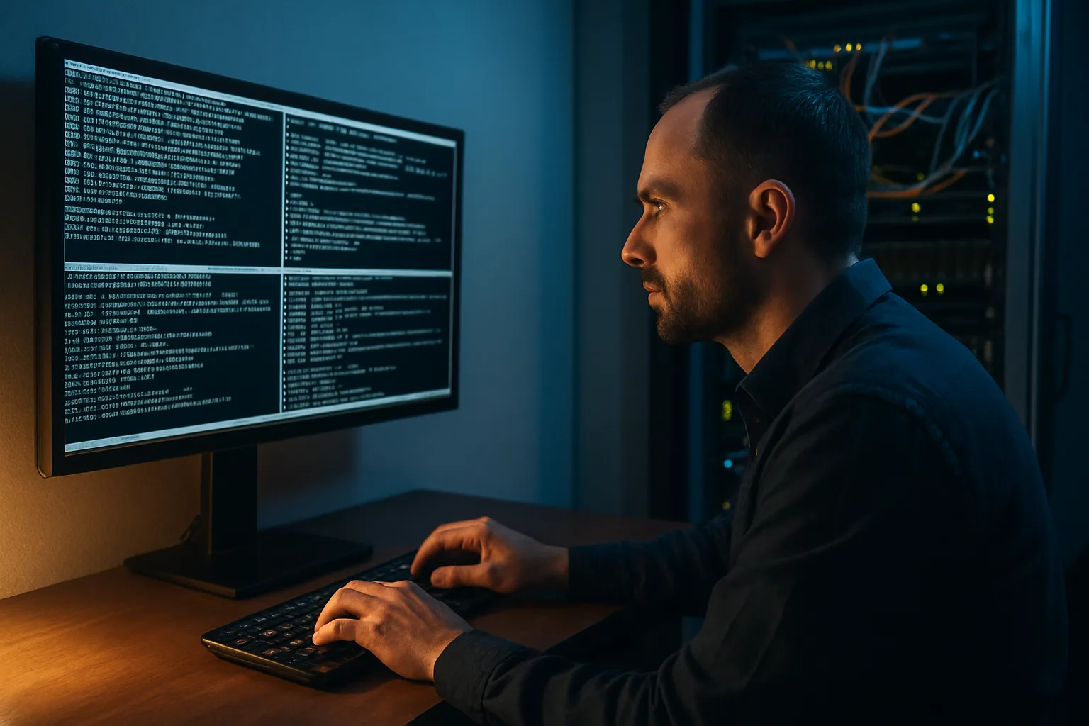 Un operador observa en una pantalla varias sesiones SSH de bots conectándose a un honeypot mientras se muestran intentos de login y comandos sospechosos.