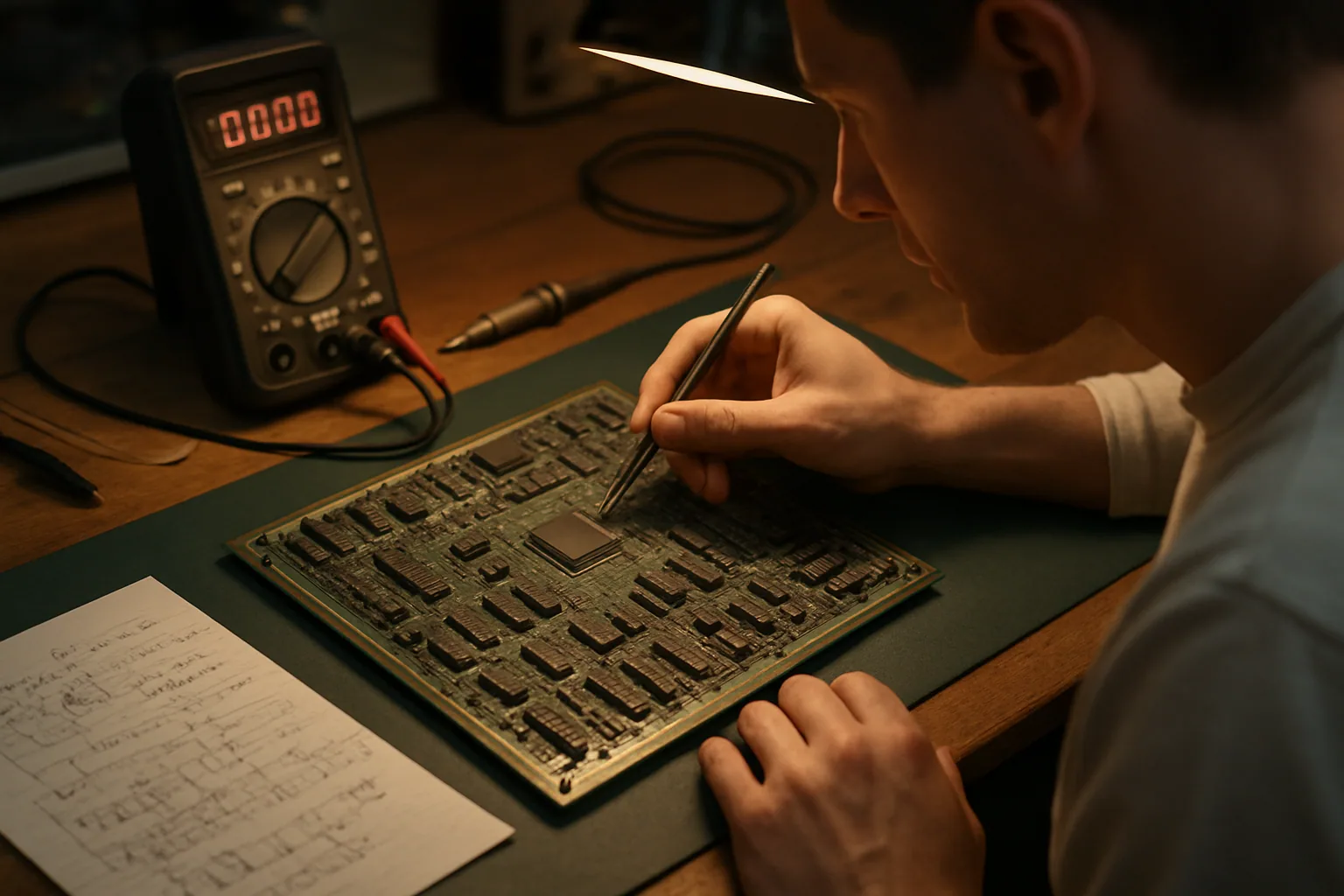 Una placa electrónica antigua de una computadora espacial sobre una mesa de trabajo, con componentes discretos, cables de prueba y herramientas de laboratorio alrededor.