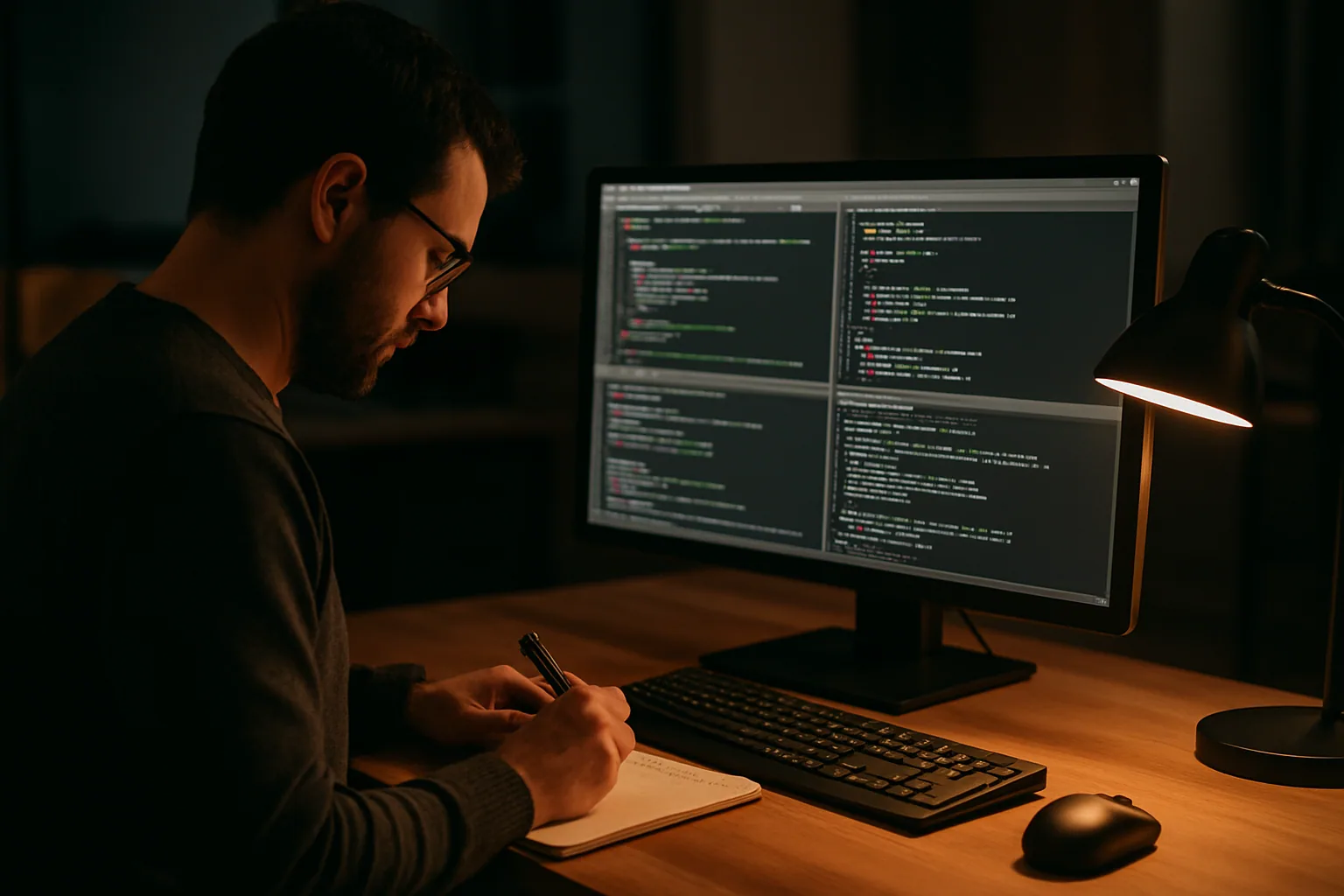 Una persona trabajando frente a una terminal con GNU Emacs abierto en una pantalla grande, con código y buffers divididos en varias ventanas.