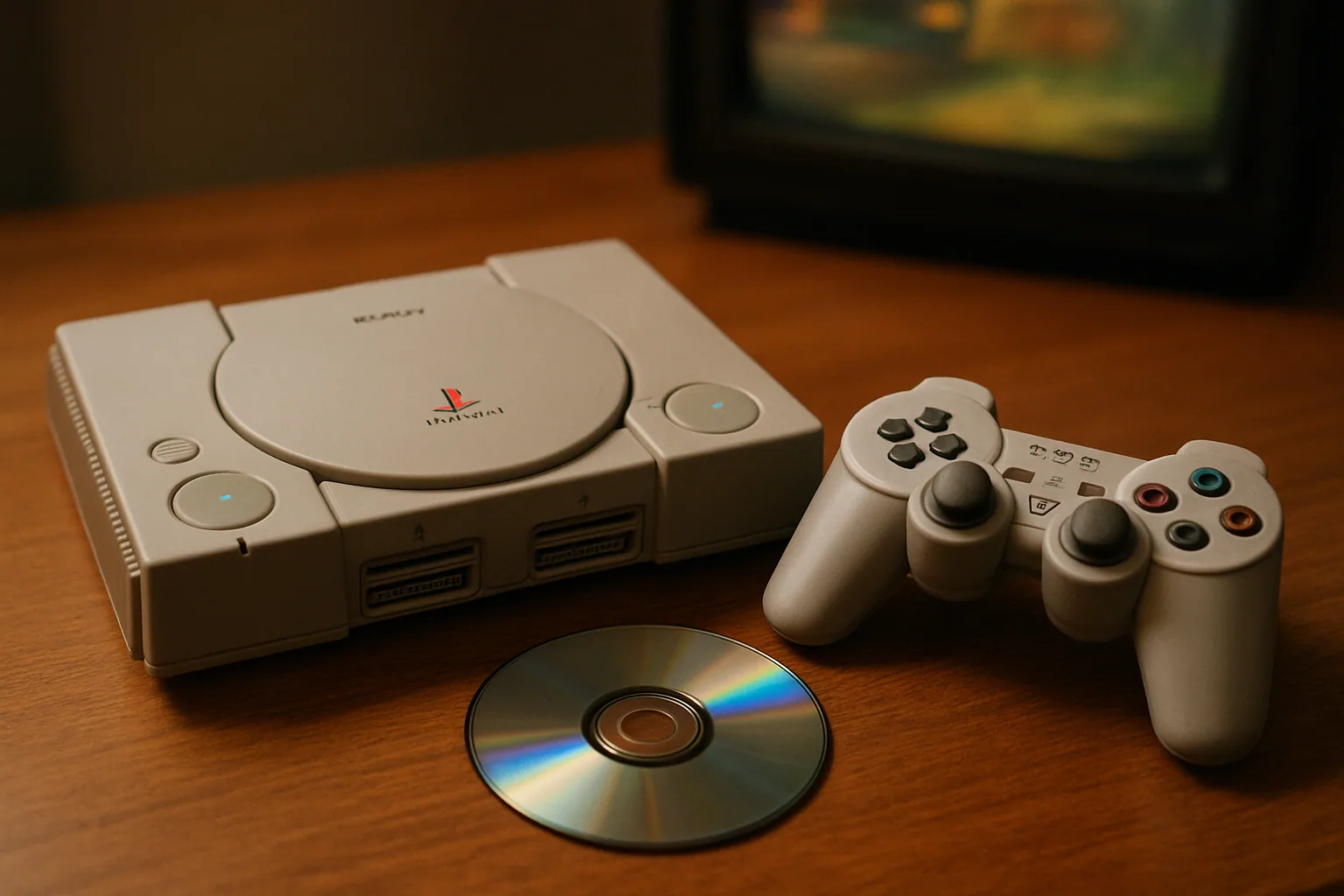 Una consola original de PlayStation junto a un control gris clásico y un disco compacto sobre una mesa de madera, con luz suave de estudio.