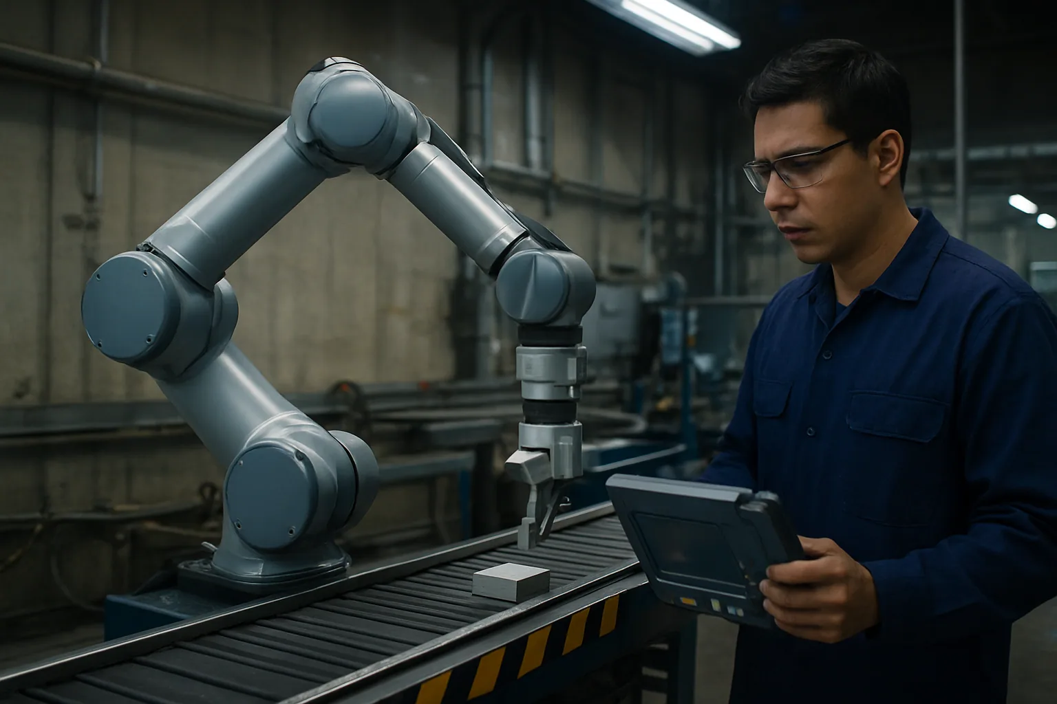 Un brazo robótico industrial trabajando en una línea de ensamblaje mientras un técnico observa una pantalla de control en una planta moderna.