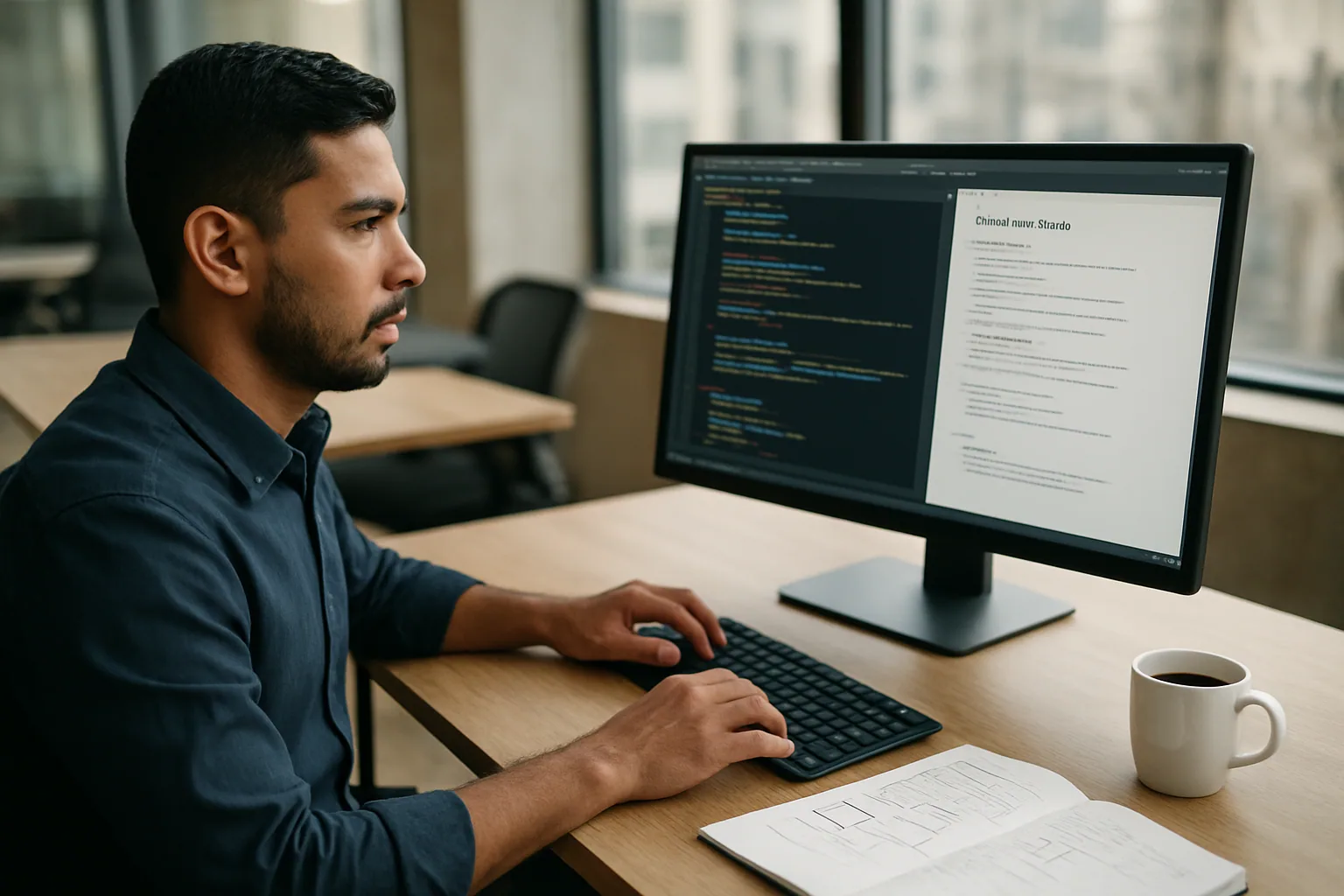 Una persona revisa en una pantalla de escritorio la configuración de un proyecto Astro mientras toma notas sobre cambios de desarrollo, fuentes y seguridad.