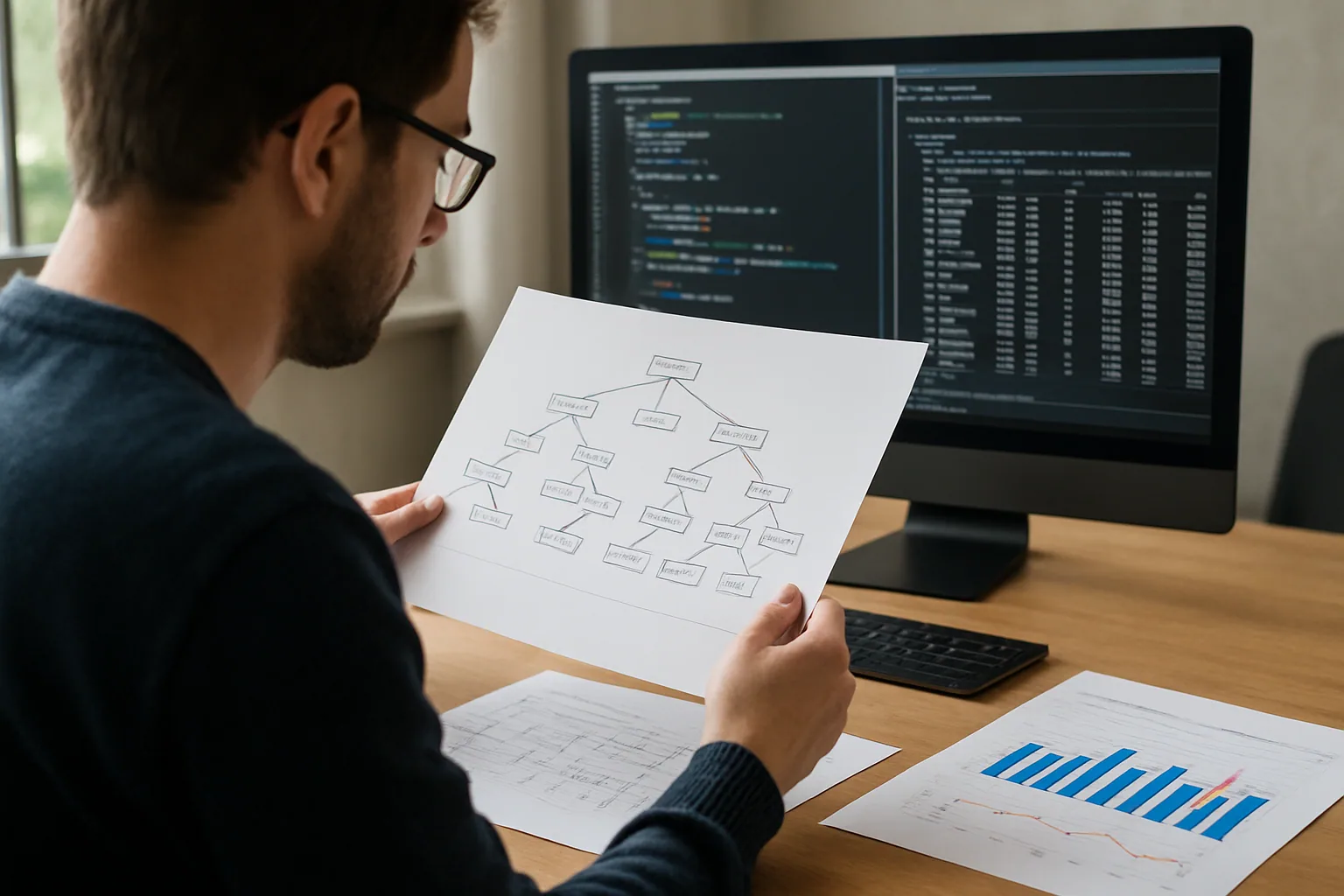 Una persona revisa en una pantalla de escritorio un árbol de sintaxis de Python junto a métricas de rendimiento y resultados de análisis de código.