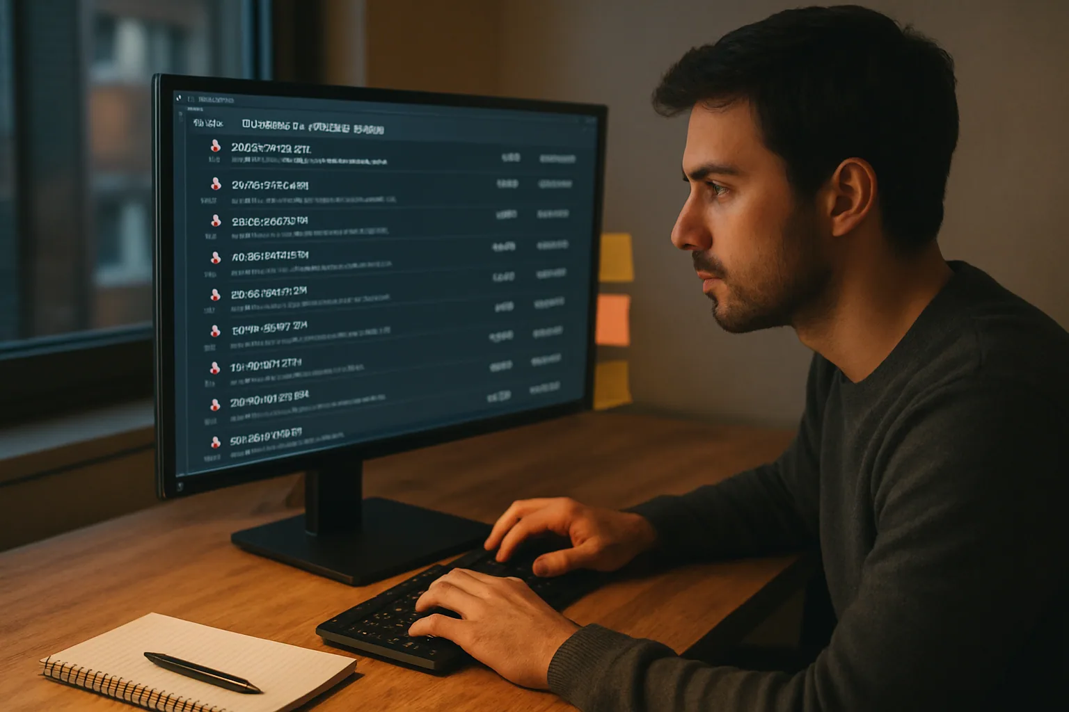 Un desarrollador revisa alertas de seguridad en una terminal mientras paquetes de npm y PyPI aparecen en una lista de dependencias sobre un monitor en una oficina.