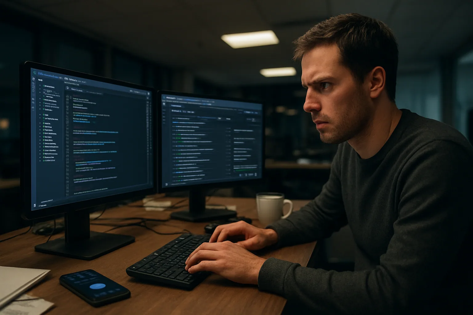 Una persona revisa una extensión sospechosa en Visual Studio Code mientras en otra pantalla se ven repositorios, credenciales y logs de despliegue.