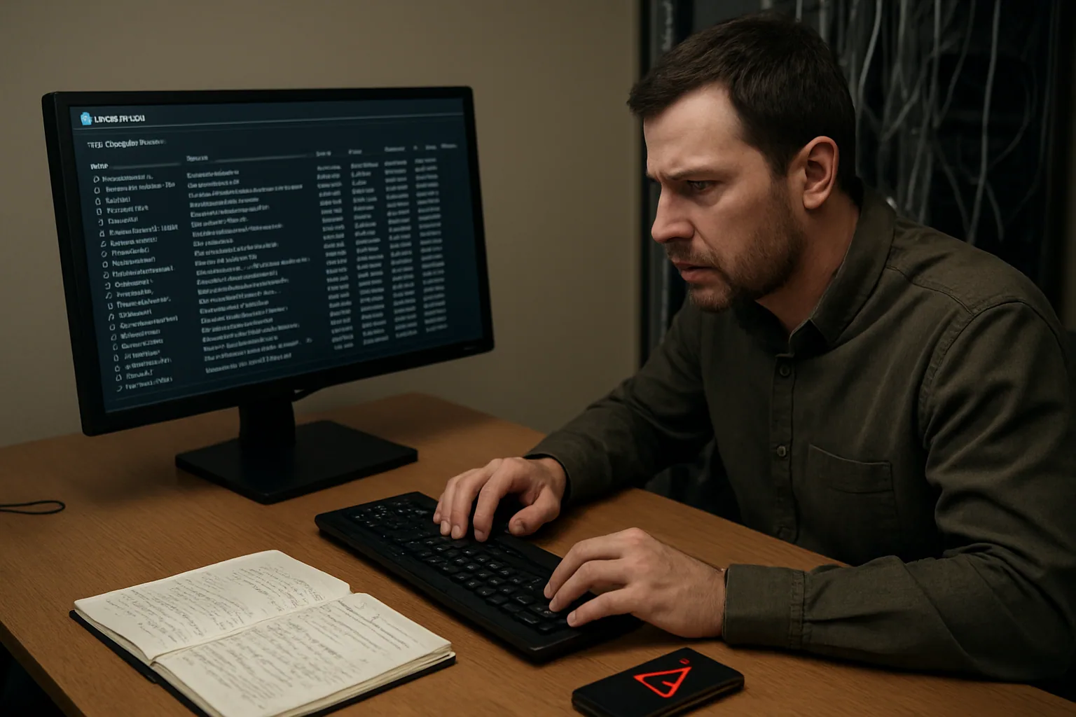 Un administrador revisa una lista de paquetes en una terminal mientras monitorea alertas de seguridad en un escritorio de trabajo.