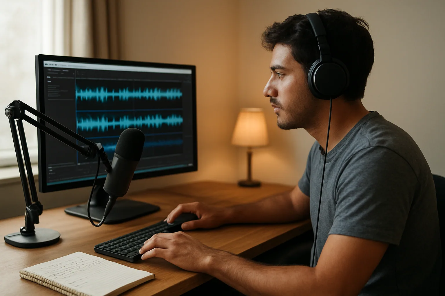 Una persona editando varias pistas de audio en una interfaz web desde una computadora portátil, con audífonos, un micrófono de condensador y una libreta sobre un escritorio de trabajo.