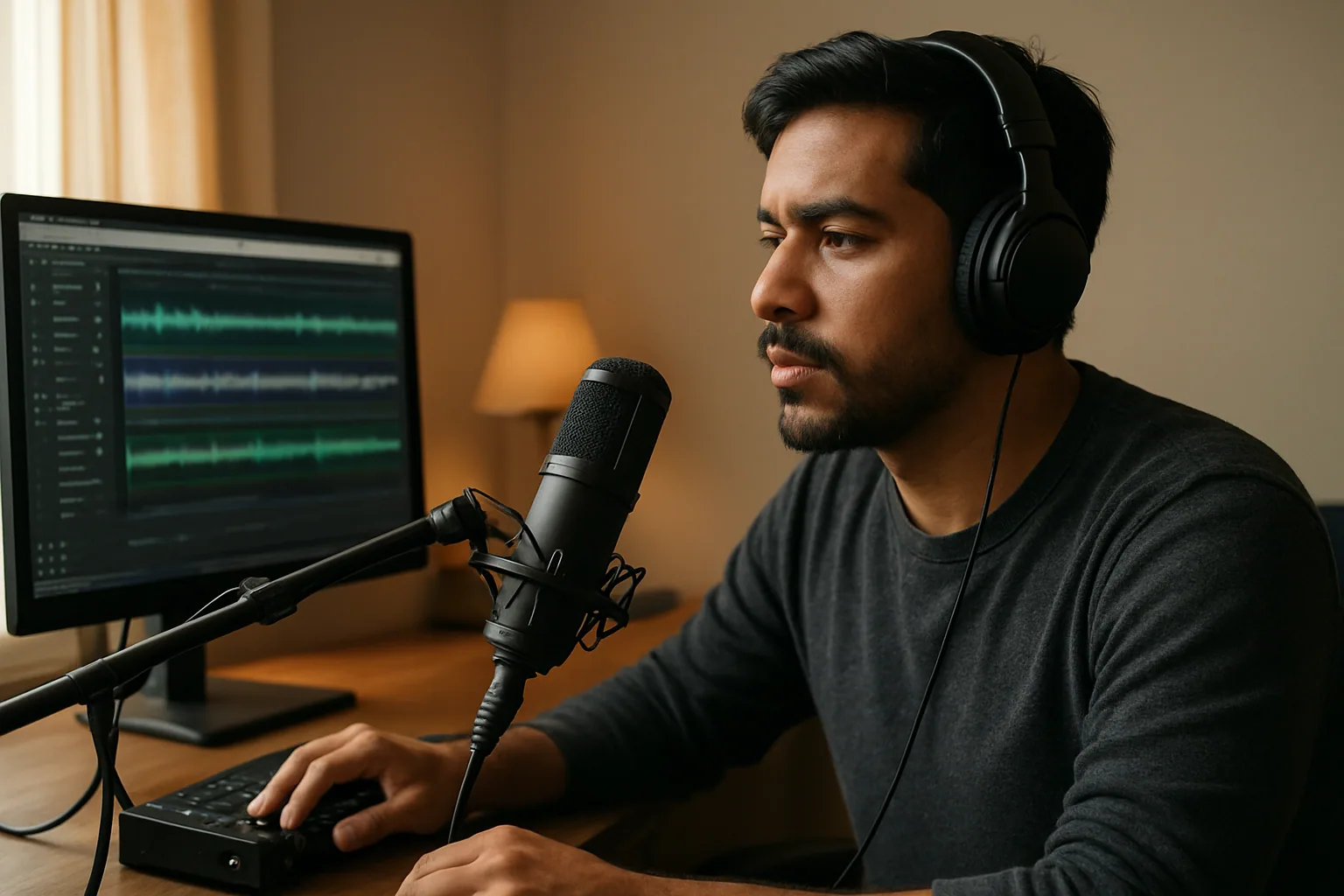 Una persona usa audífonos frente a un estudio casero con micrófono, interfaz de audio y una pantalla mostrando una sesión de edición de audio multitrack en el navegador.