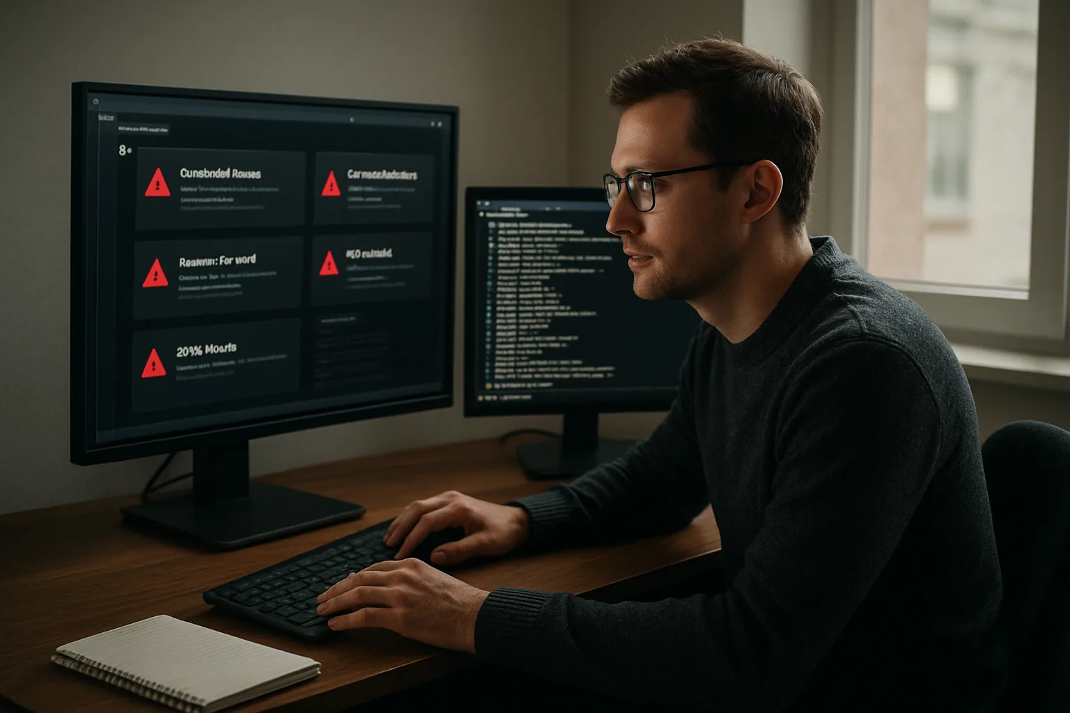 Un administrador de sistemas revisa alertas de seguridad en una pantalla mientras una terminal muestra paquetes de Arch Linux en una oficina con luz natural.