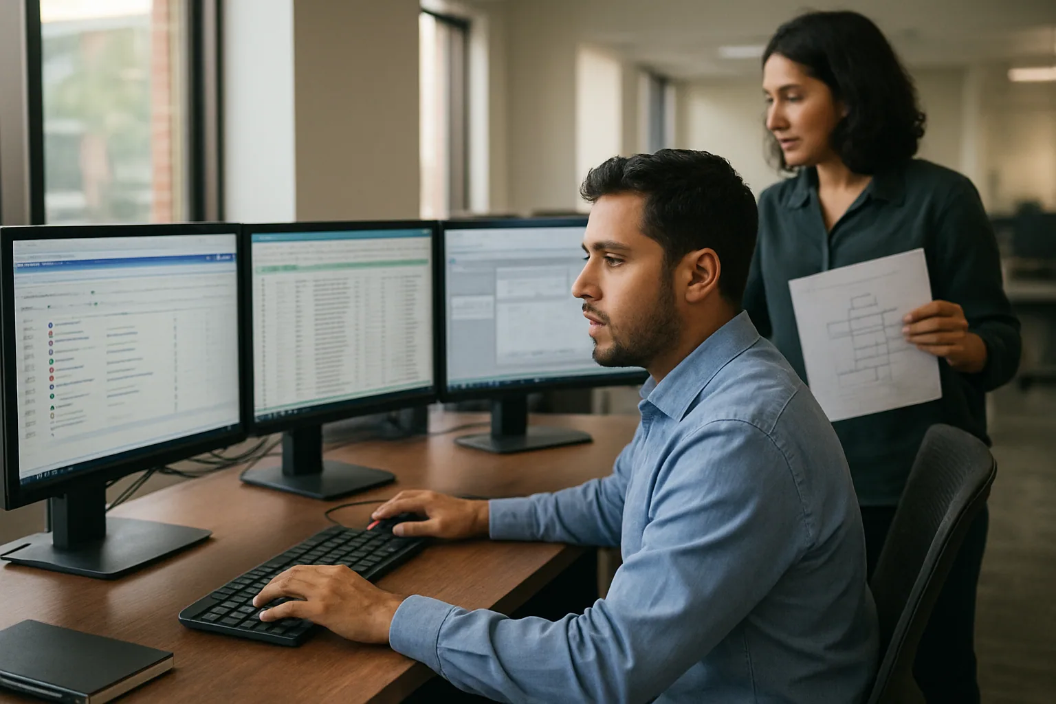 Una persona de operaciones frente a tres monitores en una oficina, revisando tareas repetitivas en un escritorio de Windows mientras un supervisor observa al fondo.