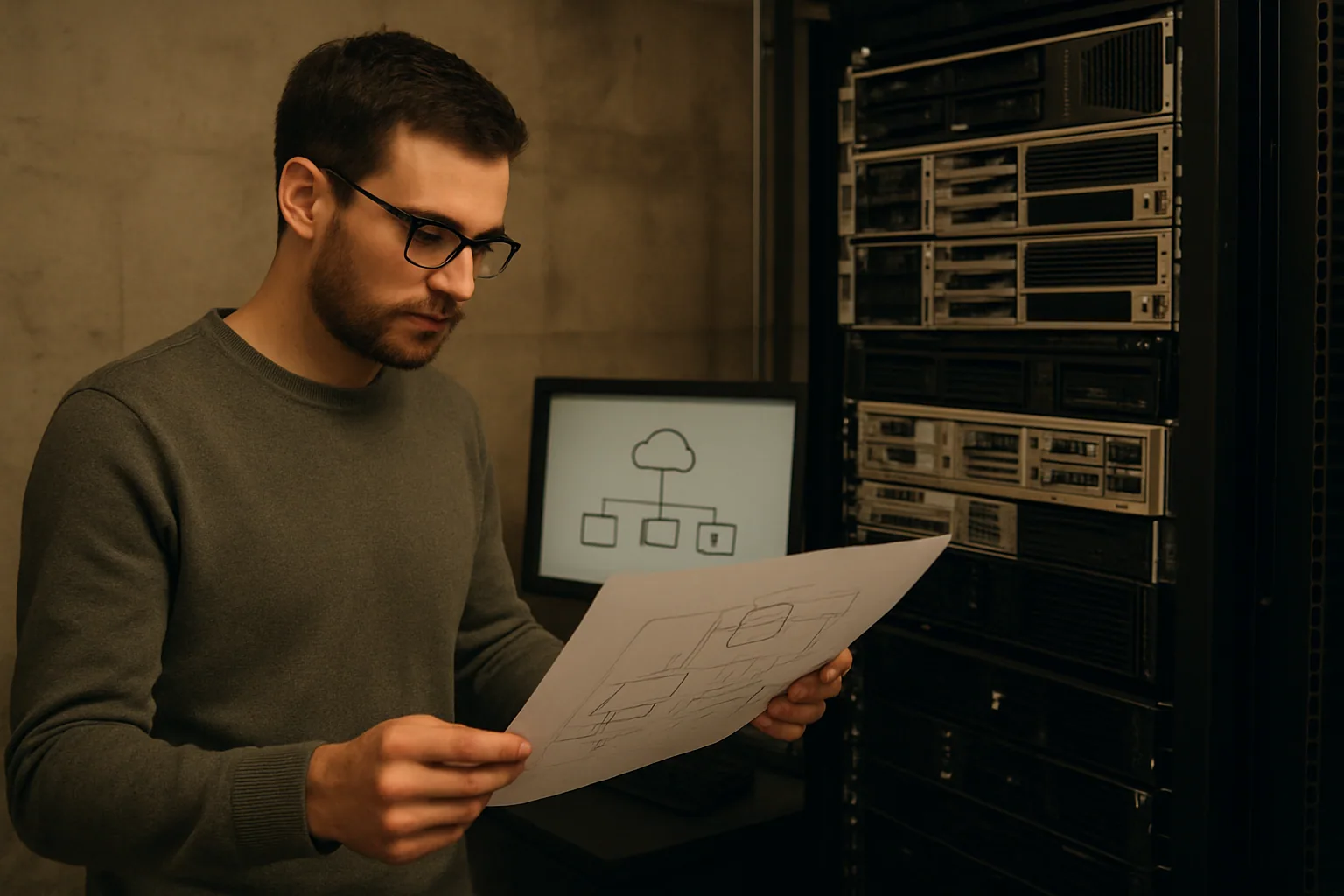 Una persona revisa documentación técnica impresa junto a un servidor y un monitor con diagramas de arquitectura en una oficina de ingeniería.