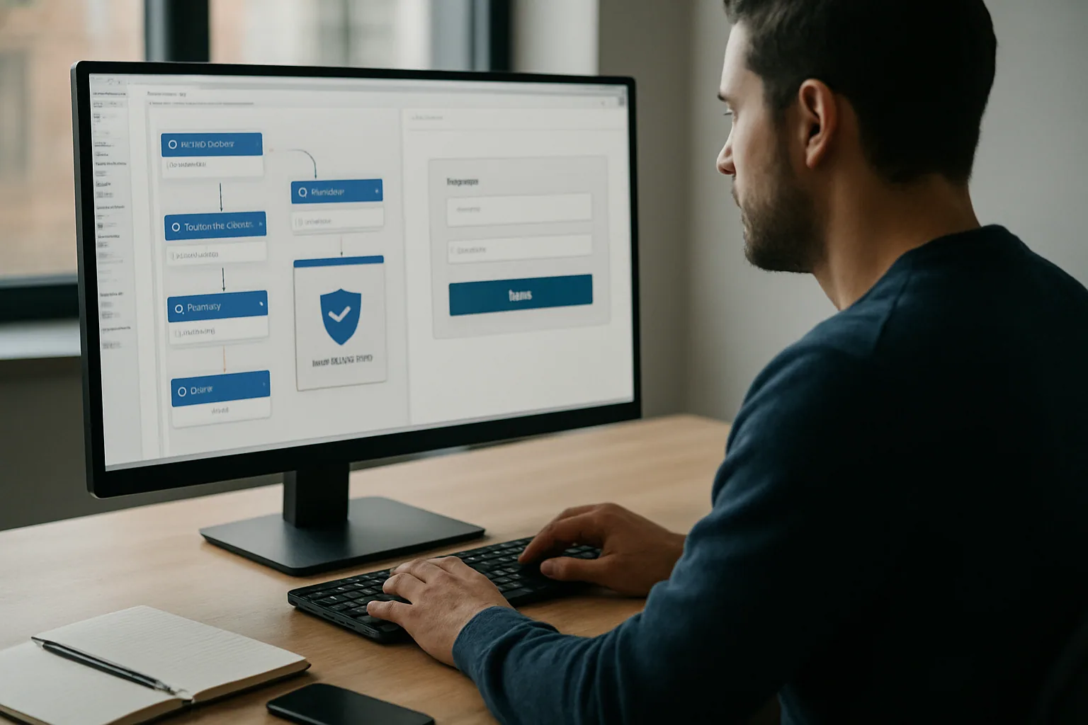 Una persona revisa en una pantalla un flujo de automatización web mientras un navegador abre un sitio protegido por verificación anti-bot.