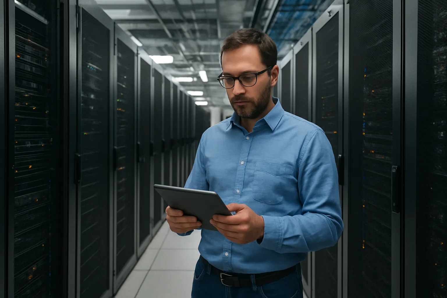 Un centro de datos de AWS con racks de servidores y un ingeniero revisando una consola de monitoreo en una sala iluminada en tonos fríos.