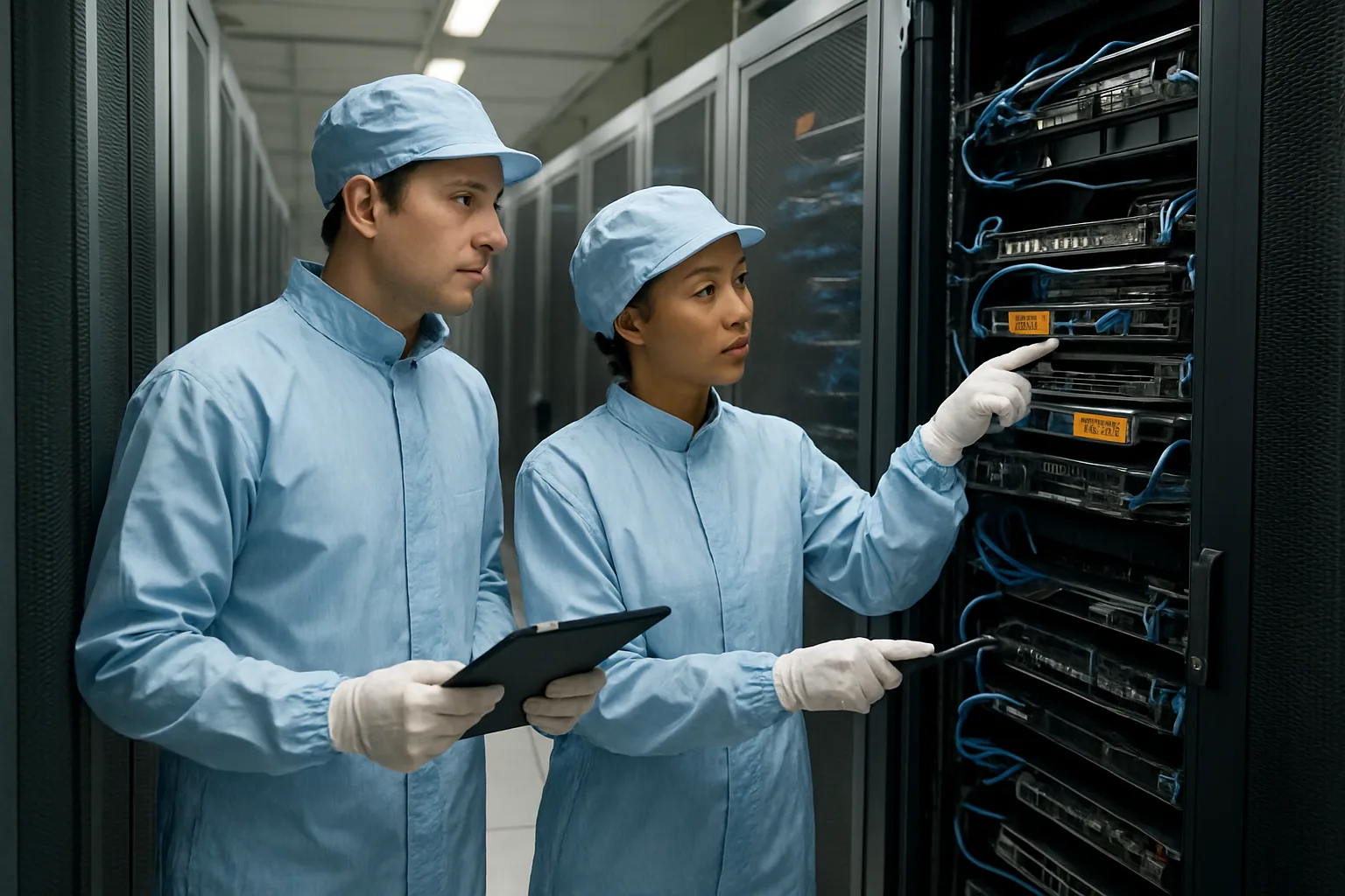 Un rack de servidores en un centro de datos con técnicos revisando módulos de hardware y cableado de red.