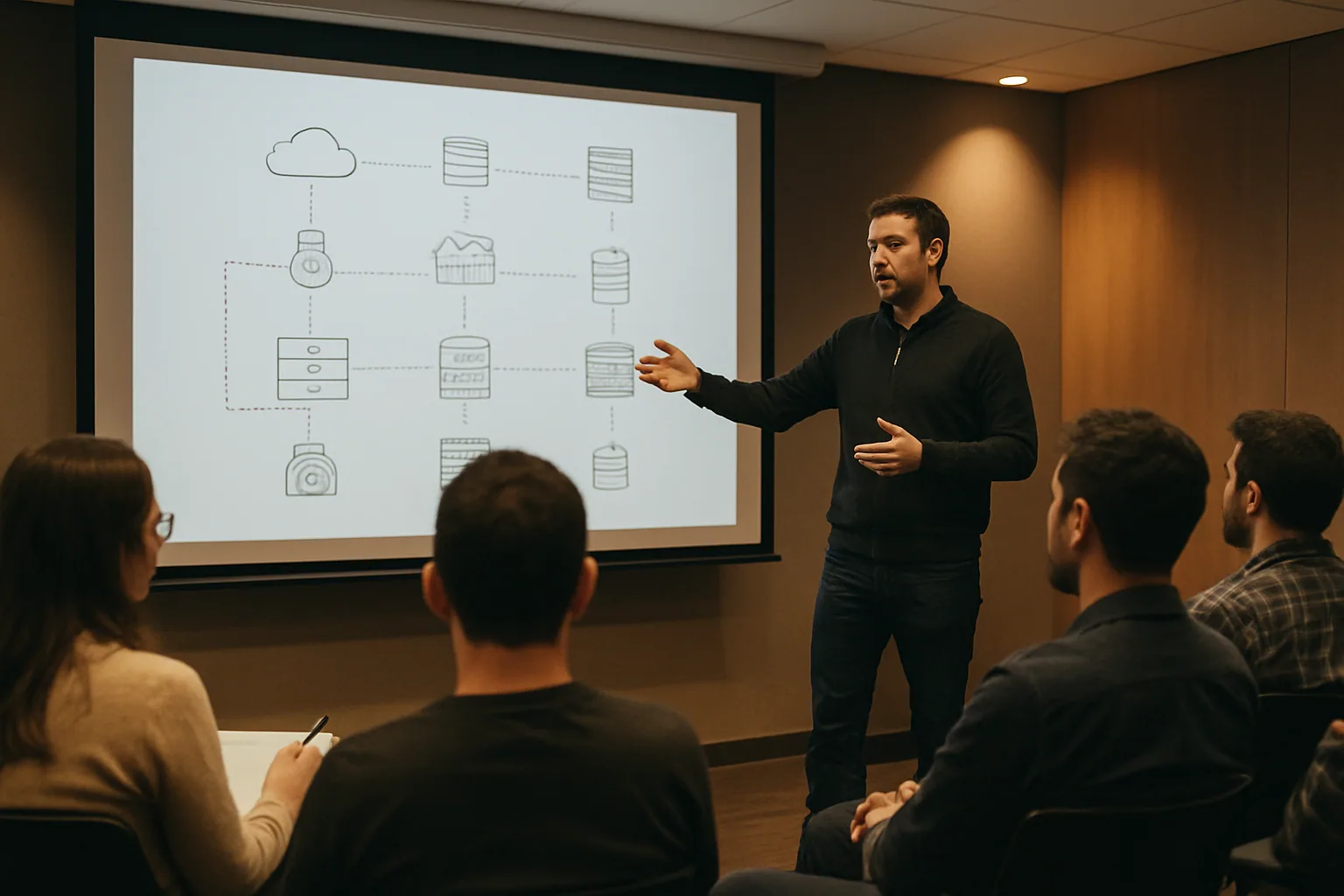 Una sala de conferencias con personas escuchando una charla técnica sobre seguridad de IA generativa en AWS, con un escenario y pantallas al fondo.