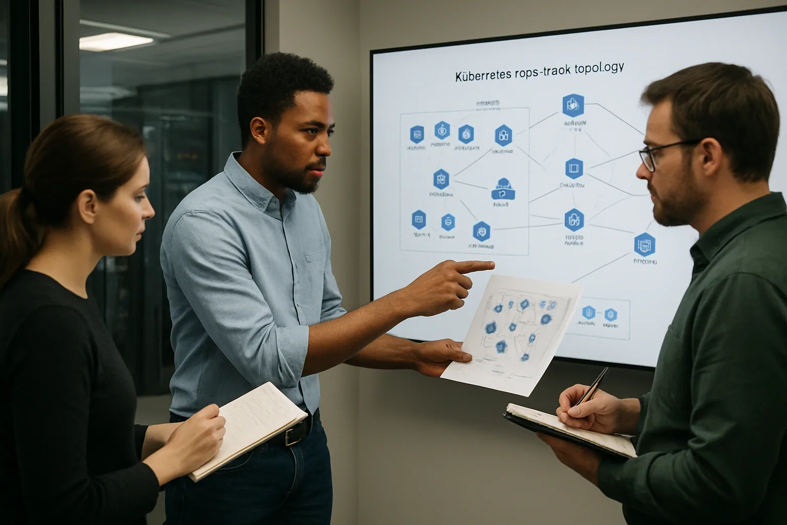 Un equipo de ingeniería revisa un panel de Kubernetes en una sala de operaciones con varias pantallas y diagramas de red entre clusters.