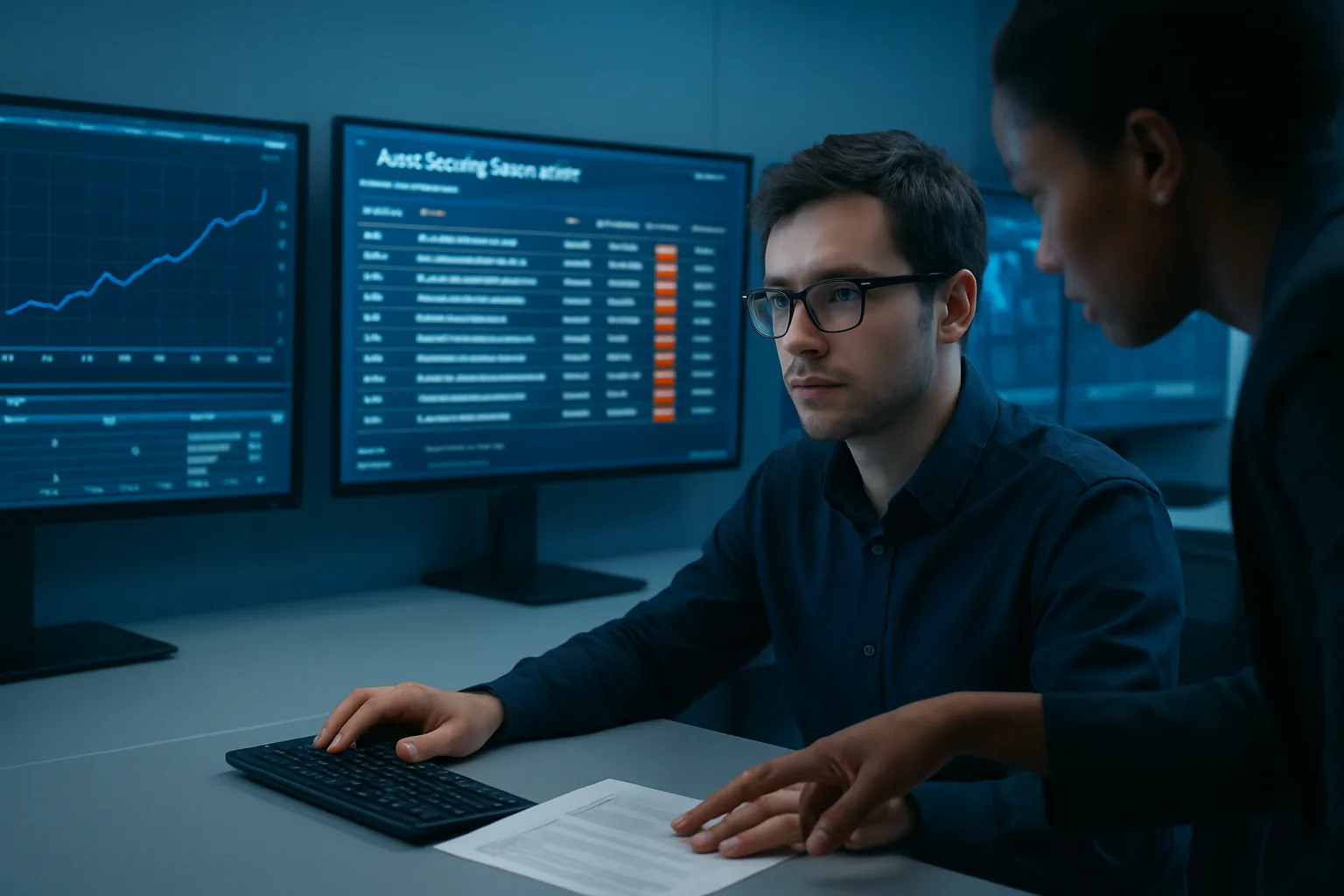 Pantalla de una sala de operaciones de seguridad con un analista revisando alertas de Azure en varios monitores mientras un equipo coordina una respuesta a incidentes.