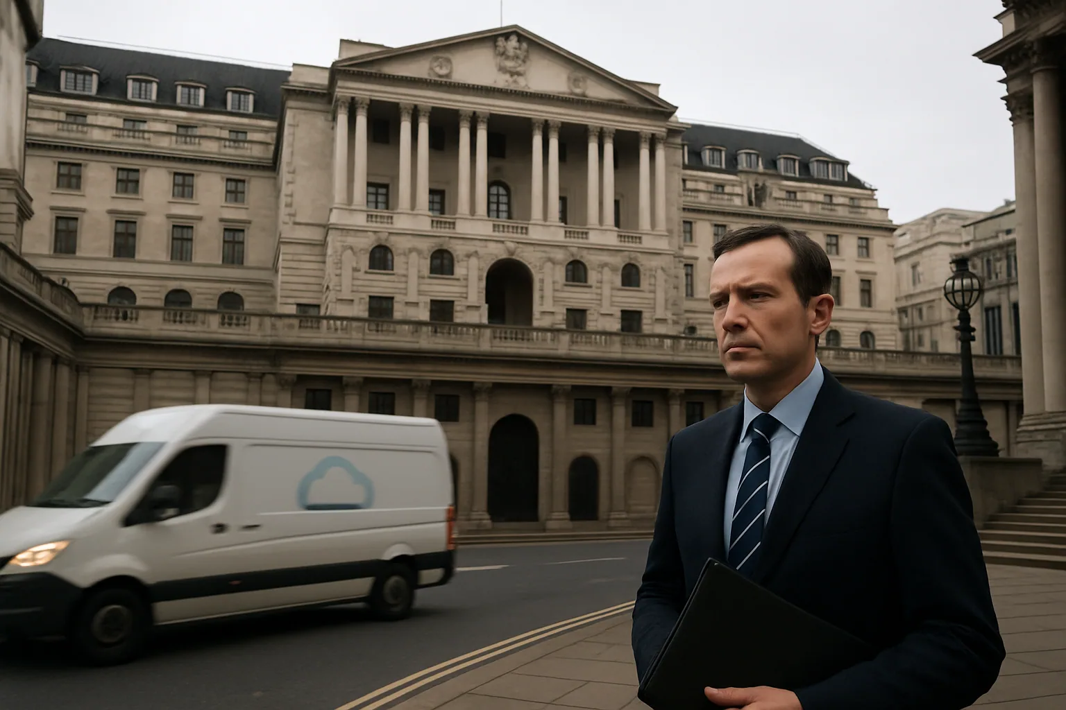 Un edificio del Banco de Inglaterra frente a la City de Londres mientras pasan peatones y se ven pantallas de mercado al fondo.