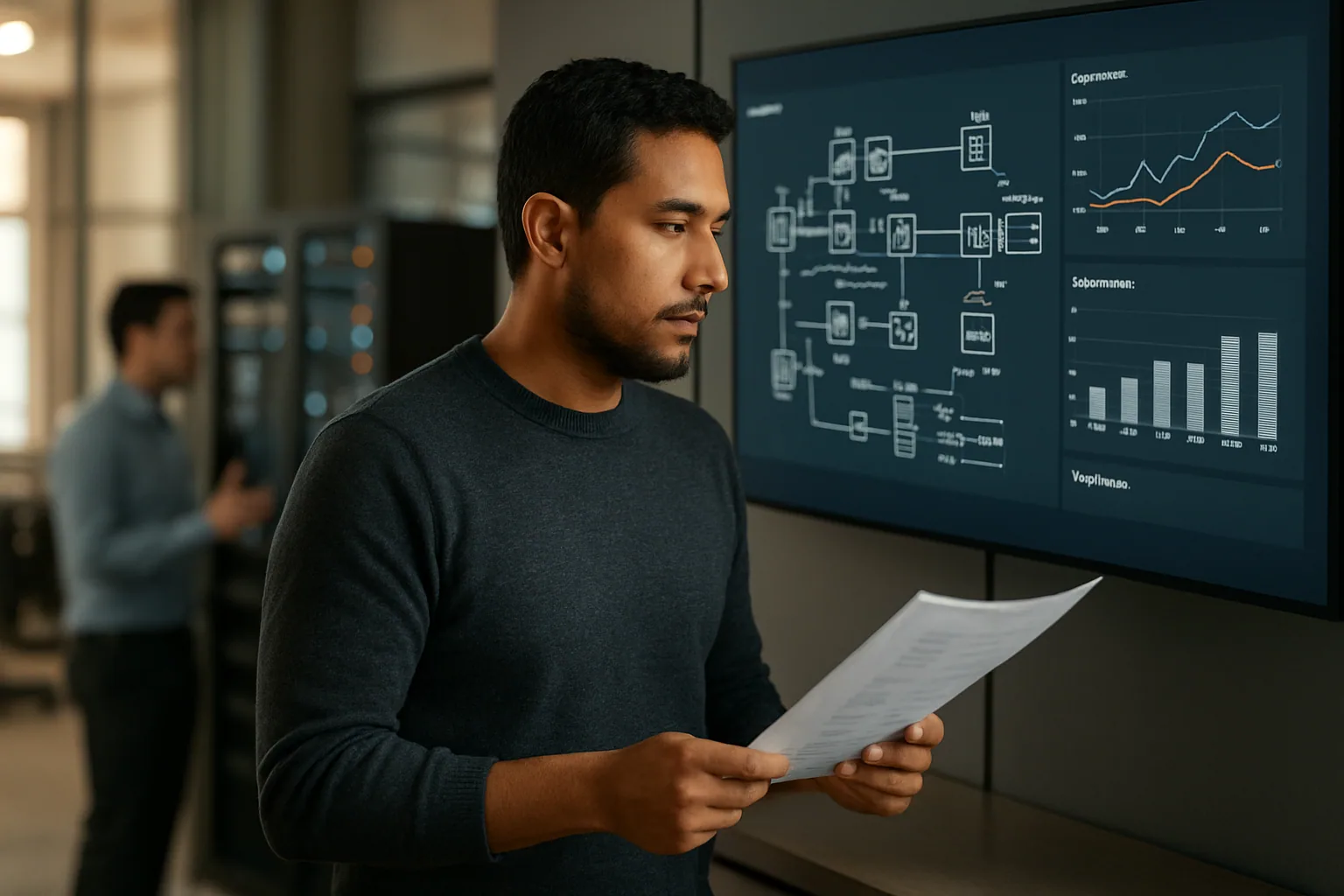 Una persona de equipo técnico revisa paneles de arquitectura en una sala de trabajo con pantallas que muestran servicios de AWS y notas sobre despliegue de modelos de IA.