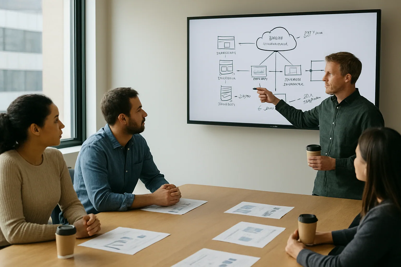 Una persona de equipo técnico revisa una arquitectura de IA en una sala de reuniones con pantallas mostrando diagramas de servicios en AWS y notas de costos y despliegue.