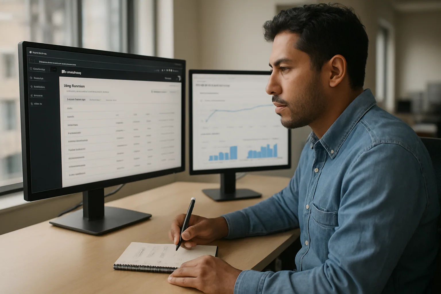 Una persona de equipo técnico revisa una consola de AWS en una oficina moderna mientras compara modelos de IA para desplegar una aplicación.