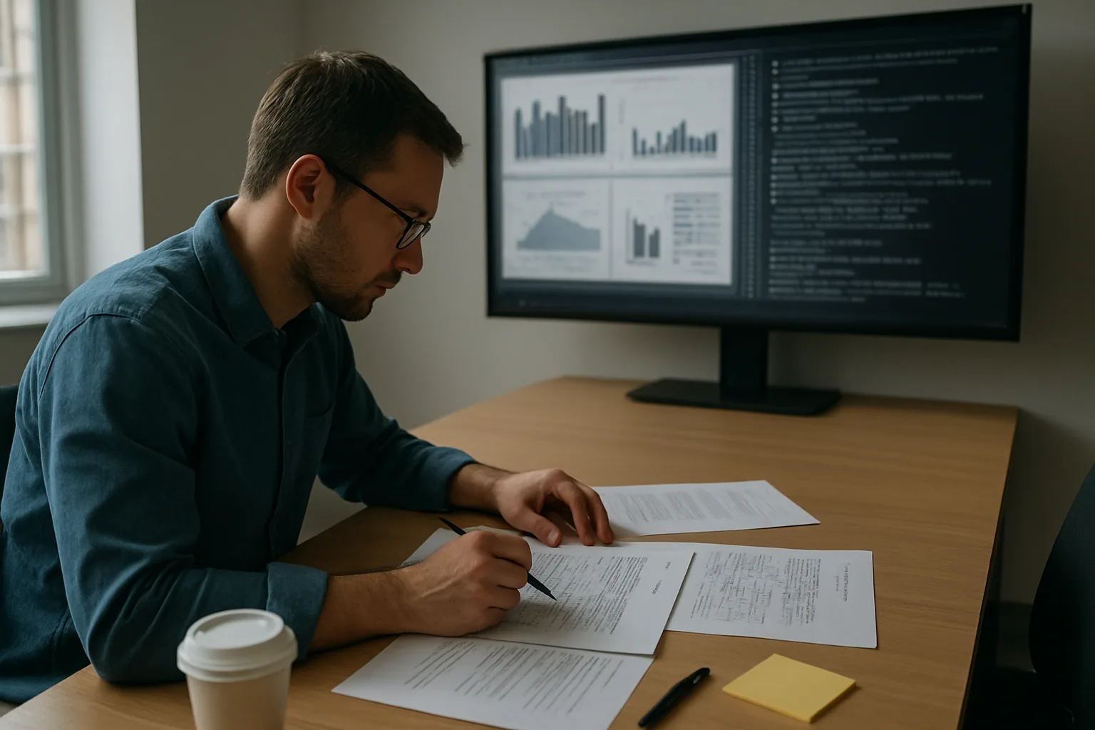 Un investigador revisa resultados de un benchmark de IA en una pantalla con gráficos y notas impresas sobre una mesa de trabajo.