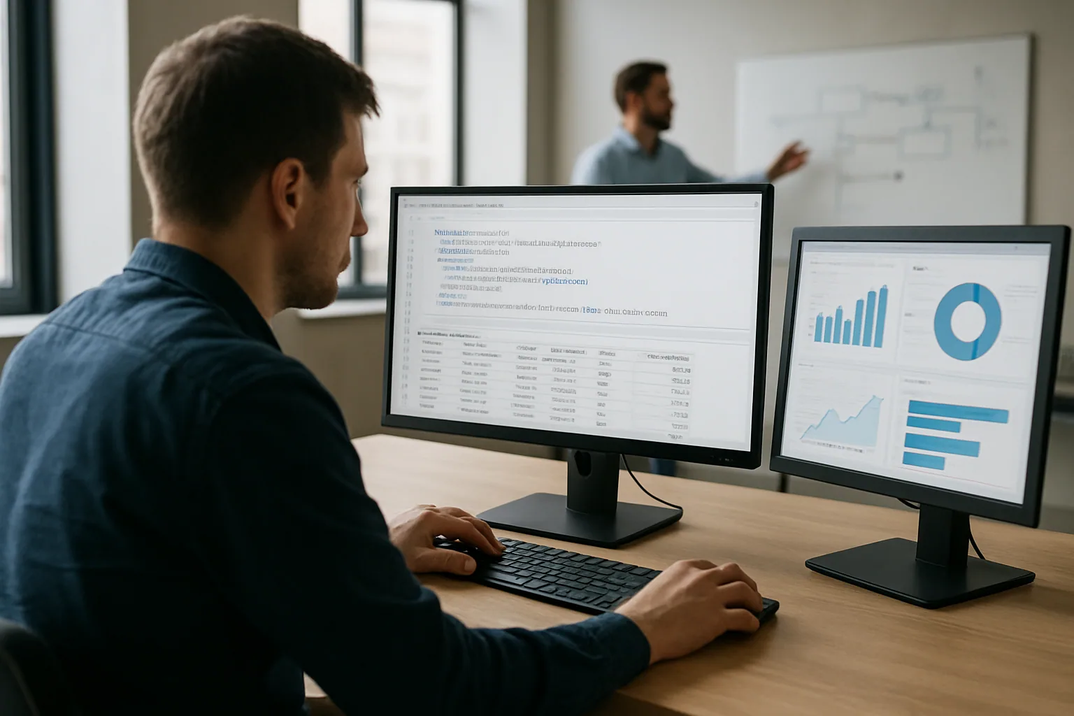 Una analista revisa resultados de BigQuery en un monitor mientras un equipo de datos trabaja con dashboards y consultas SQL en una sala de trabajo.