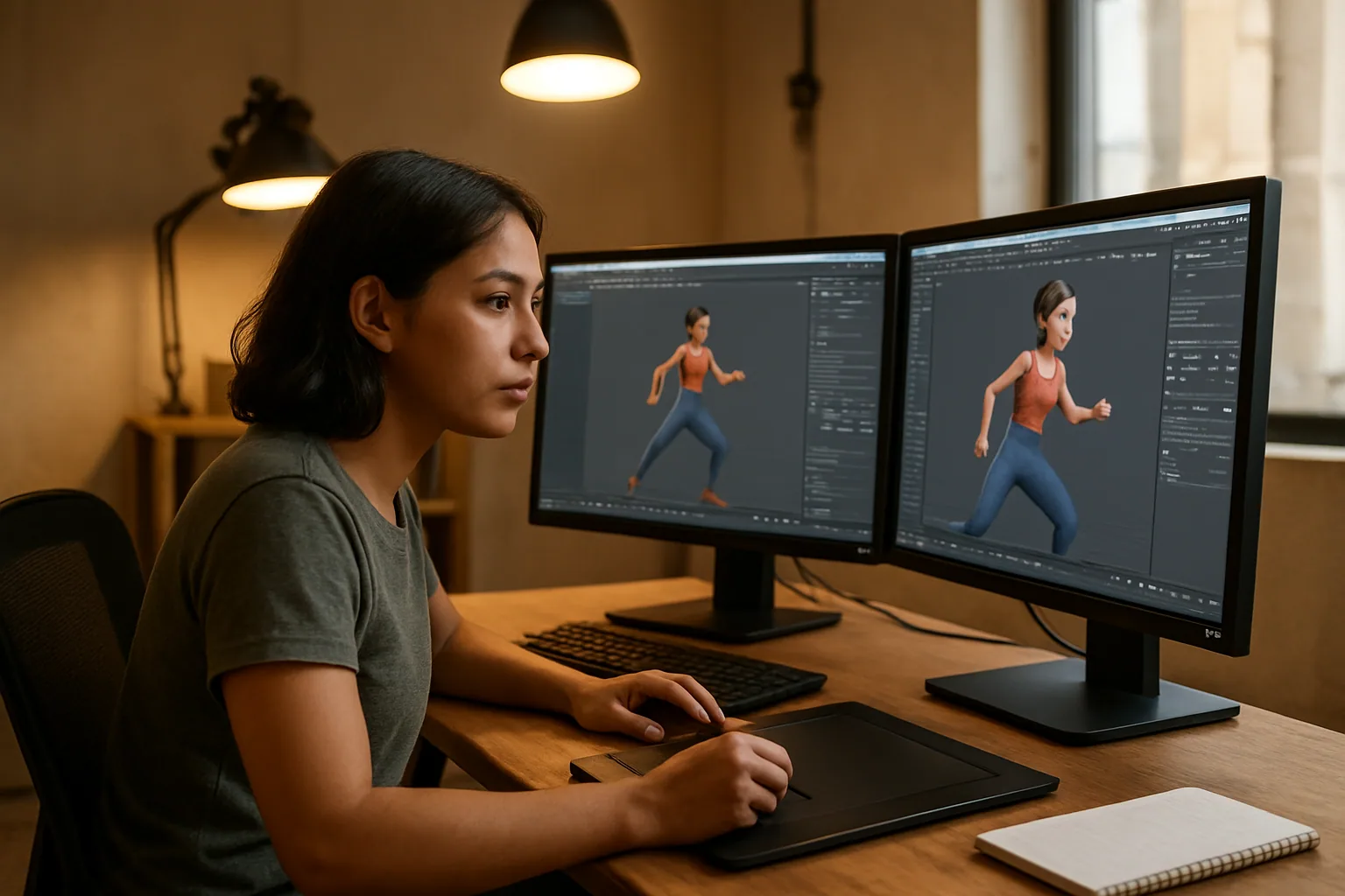 Un artista 3D revisa una escena de animación en una estación de trabajo con monitores mostrando una interfaz de Blender en un estudio de producción.