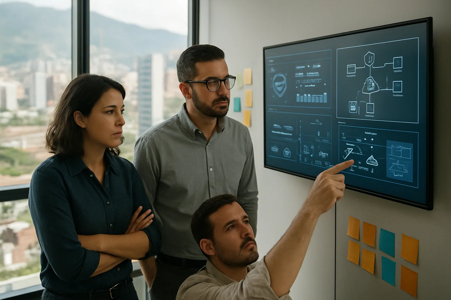 Equipo técnico revisando riesgos de ciberseguridad en una sala de trabajo moderna en Medellín con pantallas de monitoreo y notas de arquitectura segura.
