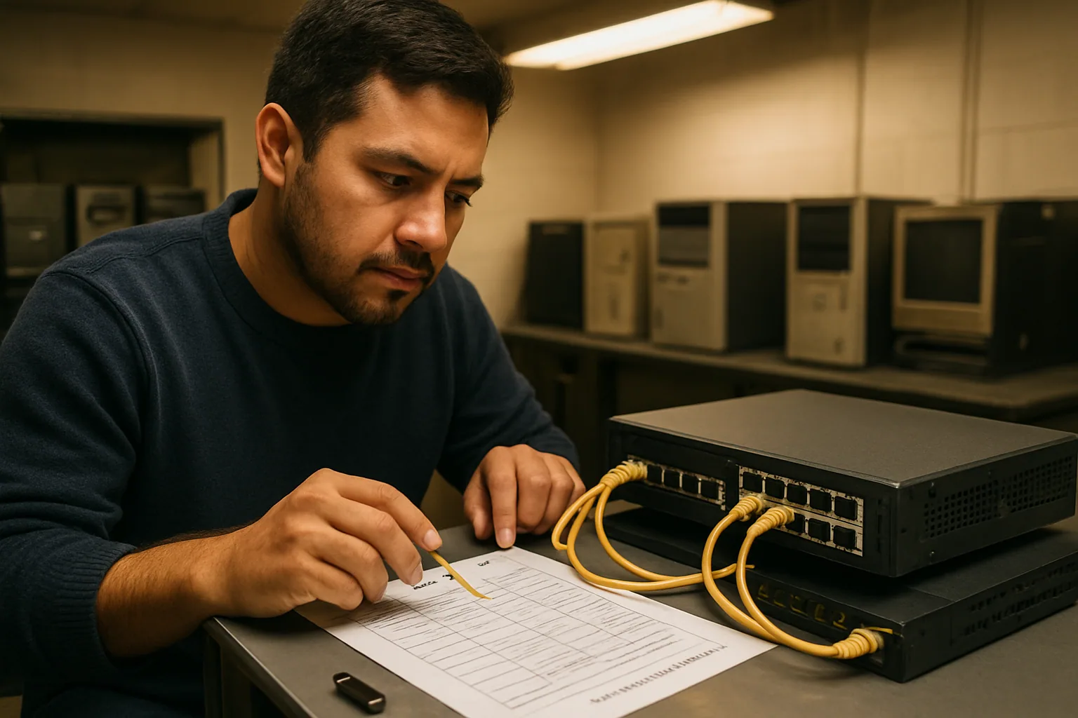 Un administrador de sistemas revisa un rack pequeño con un servidor compacto conectado a varios cables de red en una sala técnica.