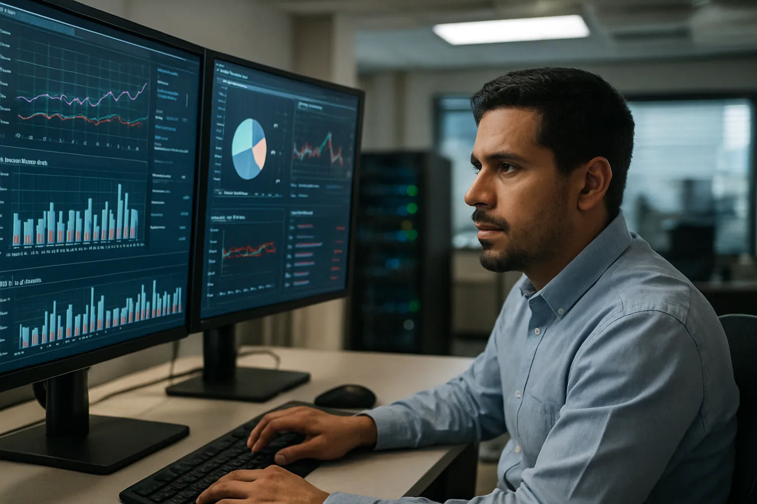 Una analista de datos revisa paneles de tráfico web en una sala de operaciones mientras en una pantalla grande se ven patrones de solicitudes automatizadas y alertas de seguridad.