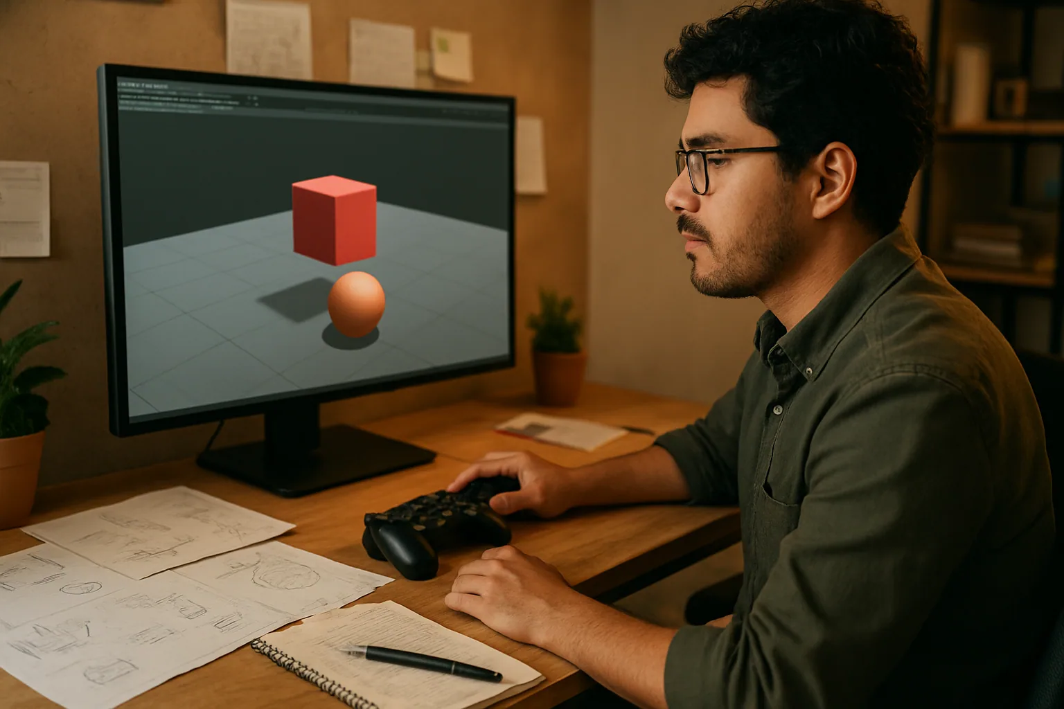 Una escena de desarrollo de videojuegos con un escritorio técnico, un monitor mostrando una simulación 3D de cuerpos rígidos y una persona revisando parámetros de física.