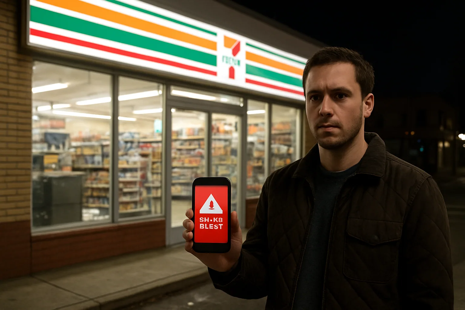 Una tienda 7-Eleven iluminada de noche con clientes entrando mientras un teléfono muestra una alerta de filtración de datos.