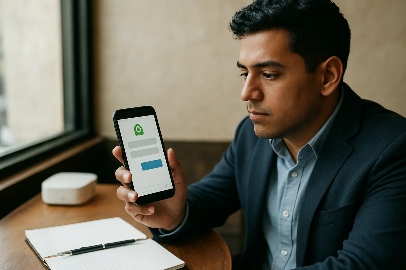 Una persona sostiene un teléfono con la app de Briar abierta mientras revisa mensajes en una mesa de café, con una libreta y un router al fondo.