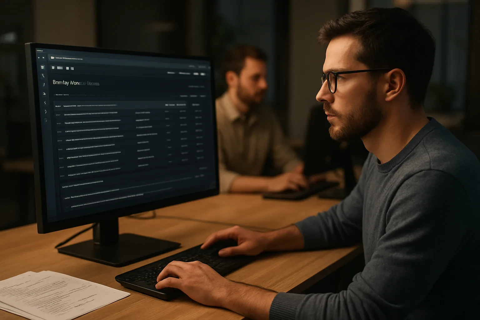 Una persona revisa código y alertas de seguridad en un monitor mientras un equipo de desarrollo trabaja en una oficina.