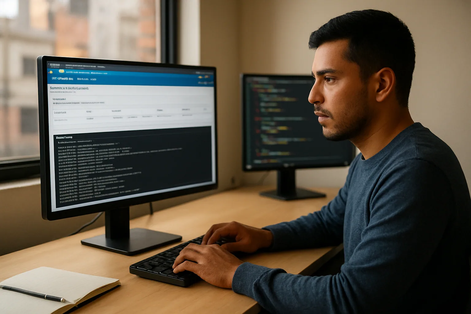 Un desarrollador trabaja frente a una pantalla con un panel web que muestra una compilación de contenedor y métricas de build mientras revisa logs en un navegador moderno.