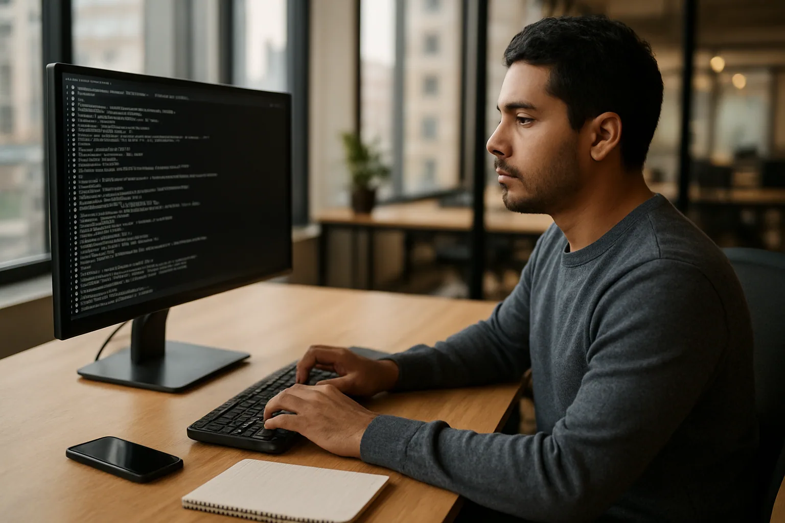 Una persona desarrolladora revisa una terminal con Bun corriendo junto a notas de despliegue y métricas de build en una mesa de trabajo.