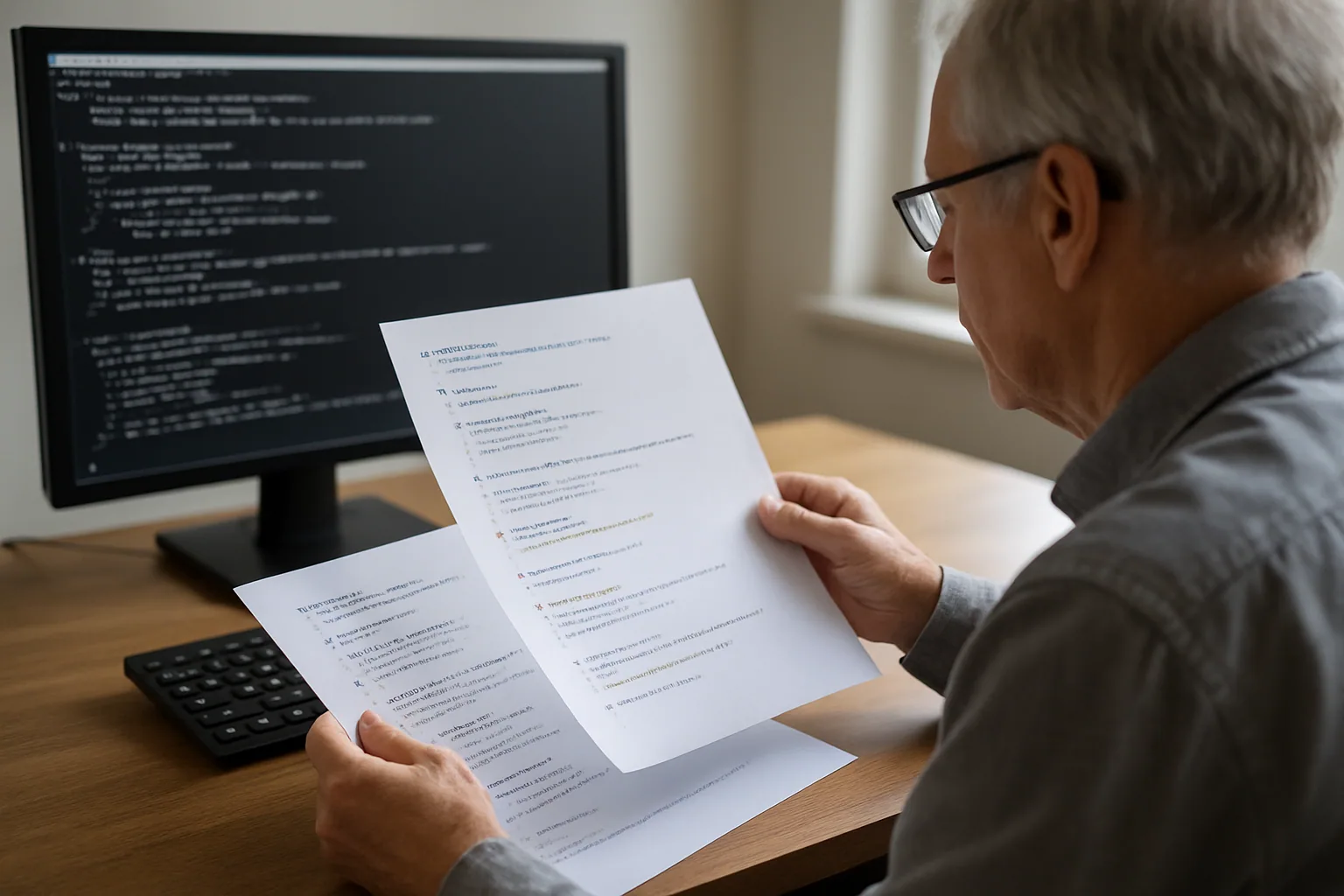 Una persona revisa código C en una pantalla junto a notas impresas sobre compatibilidad y compiladores, en una oficina técnica.