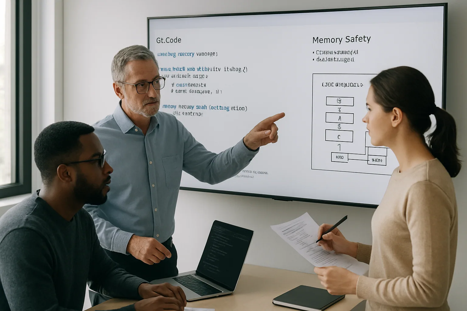 Un equipo de desarrollo revisa código C# en una sala de trabajo, con una pizarra al fondo y pantallas mostrando estructuras de datos y pruebas de rendimiento.
