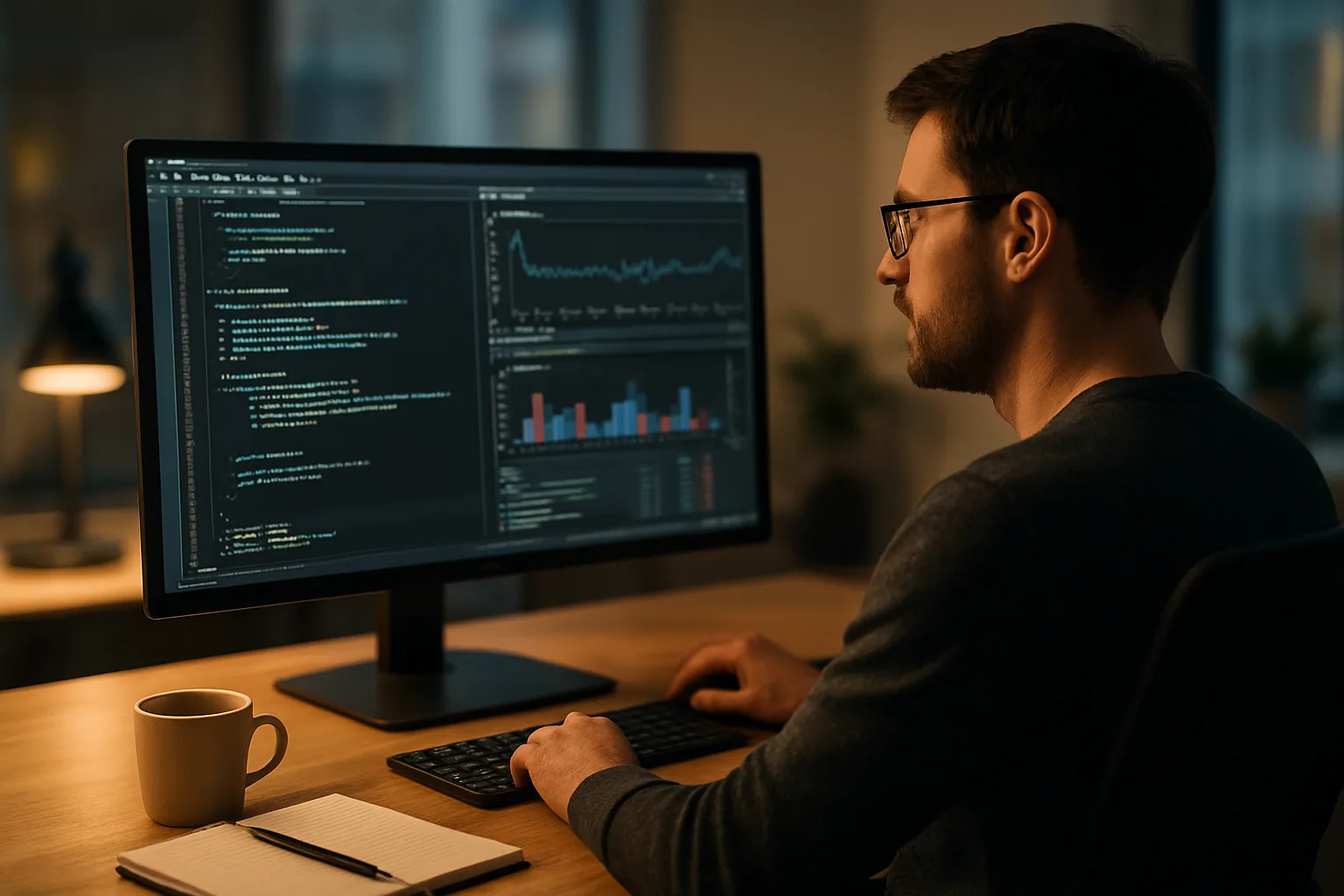 Una desarrolladora revisa en una pantalla de monitoreo código C# y métricas de runtime en una oficina técnica, con foco en seguridad y calidad de software.