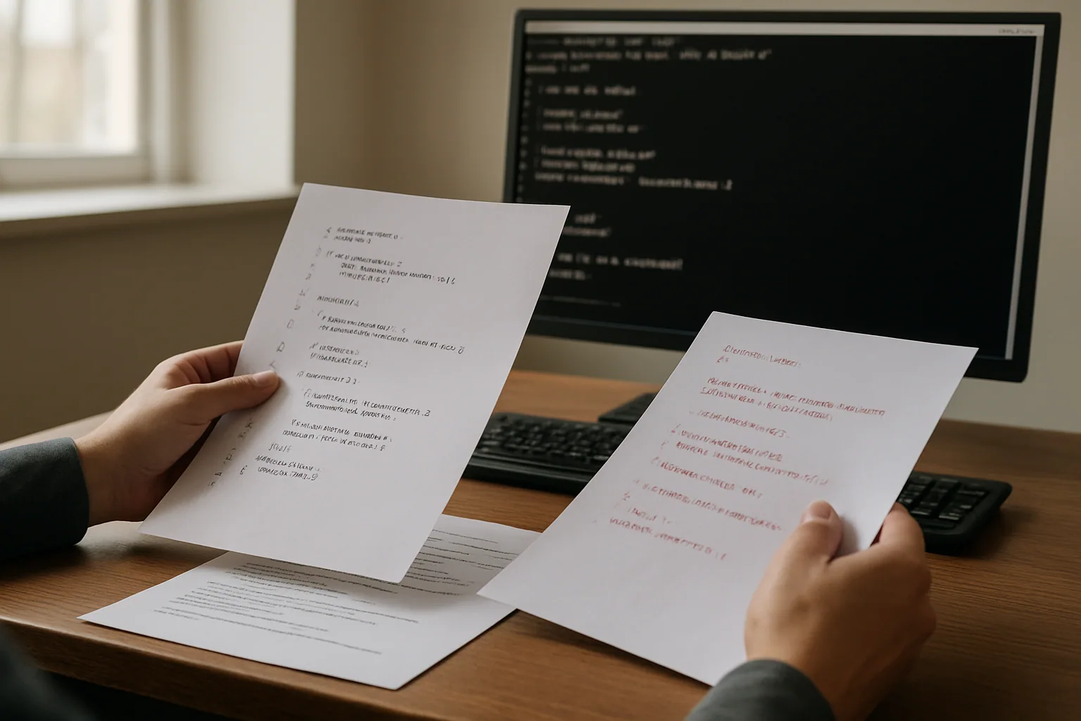 Una persona revisa código C en una pantalla de escritorio junto a una terminal abierta y notas impresas sobre compatibilidad entre compiladores.