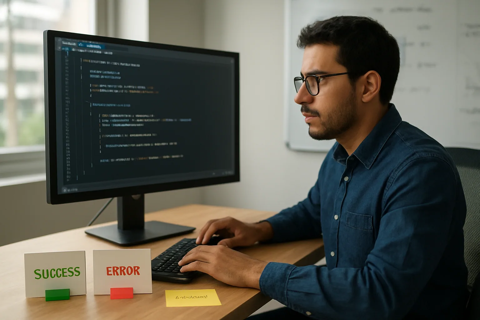 Una persona desarrolladora revisa código C# en una pantalla de oficina mientras al lado hay tarjetas físicas que representan estados como éxito, error y pendiente.