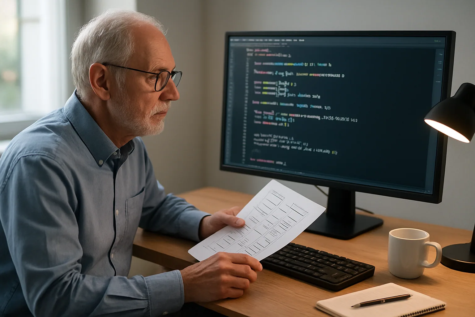 Una persona revisa código C++ en una pantalla de escritorio dentro de un entorno de desarrollo técnico, con notas impresas y una taza al lado.