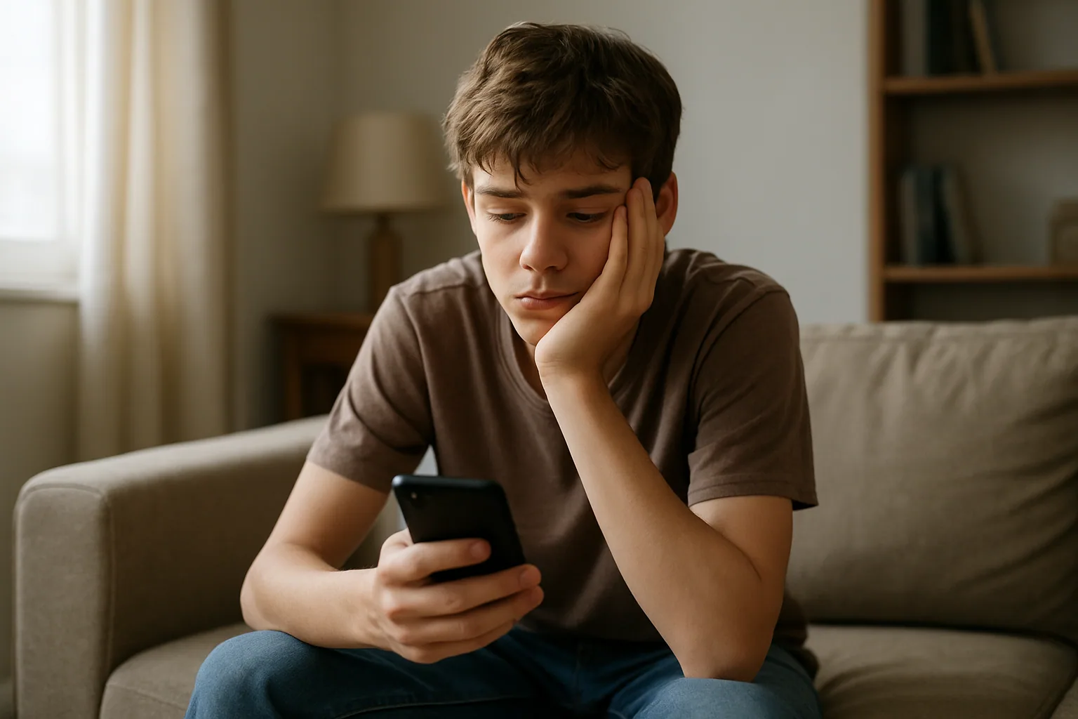 Un adolescente mira el celular mientras desplaza contenido sin parar en una sala con luz natural, con una mano apoyada en la cara y expresión de cansancio.
