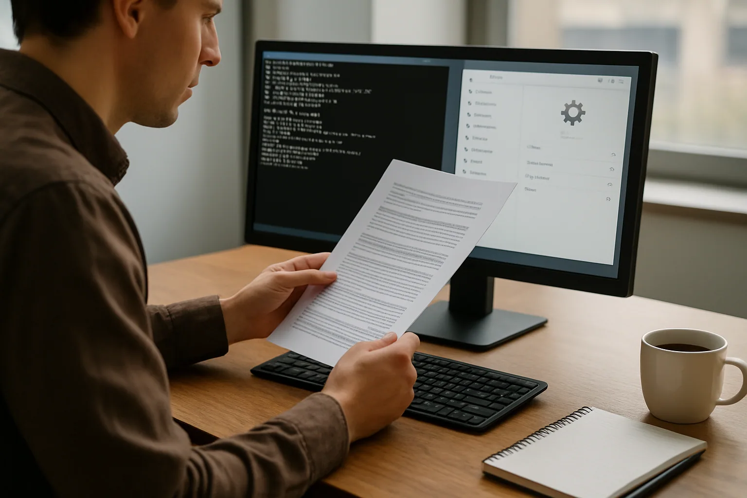 Una persona revisa documentos legales junto a una laptop con una terminal Linux abierta en una mesa de oficina, con papeles y un teclado mecánico visibles.
