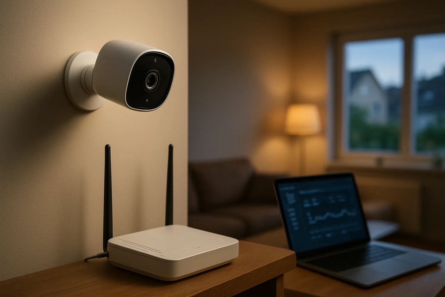 Una cámara de seguridad doméstica montada en una pared junto a un router Wi‑Fi y una ventana, con un hogar al fondo, ilustrando un riesgo de privacidad en IoT.